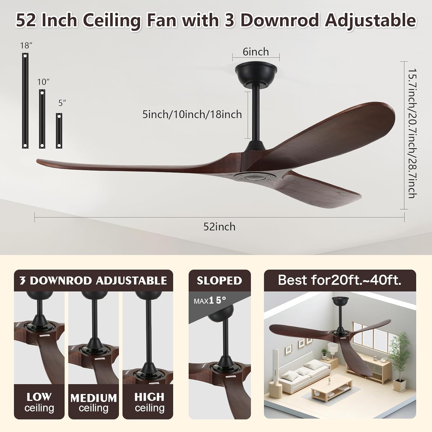 52'' Wood Ceiling Fan without Light,Large Airflow with Quiet Operation and Speed Memory Function,Outdoor Ceiling Fan Dark Walnut Finish for Bedroom,Living Room,Patio.
