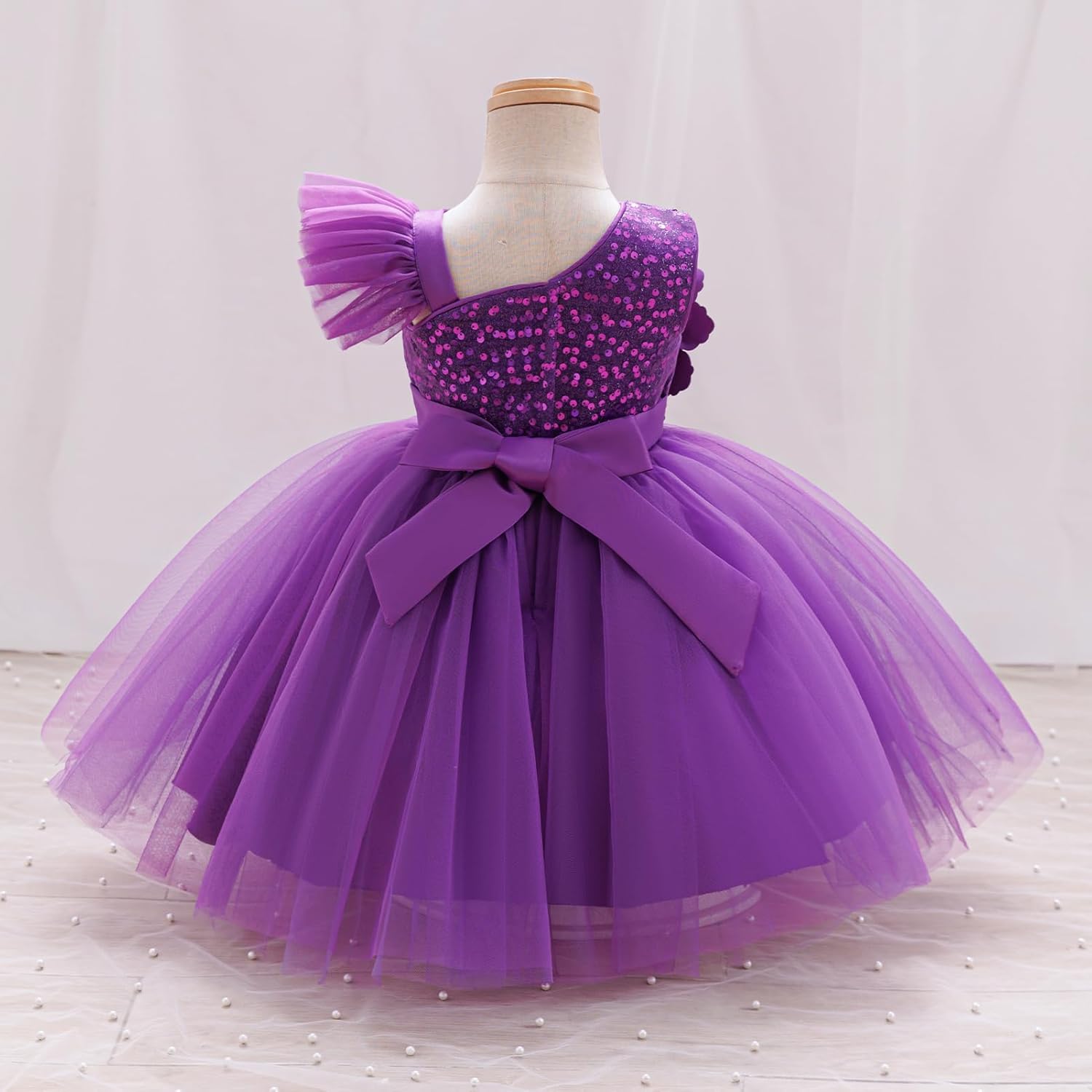 OBEEII Toddler Flower Girl Dress Wedding Pageant Sparkle Sequin 3D Flowers Dress Asymmetric Shoulder Birthday Tutu Dresses