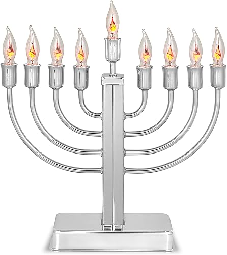 Aviv Judacia Electric Hanukkah Menorah - Candelabro de metal cromado con bombillas parpadeantes sin llama, Janucá Menorá