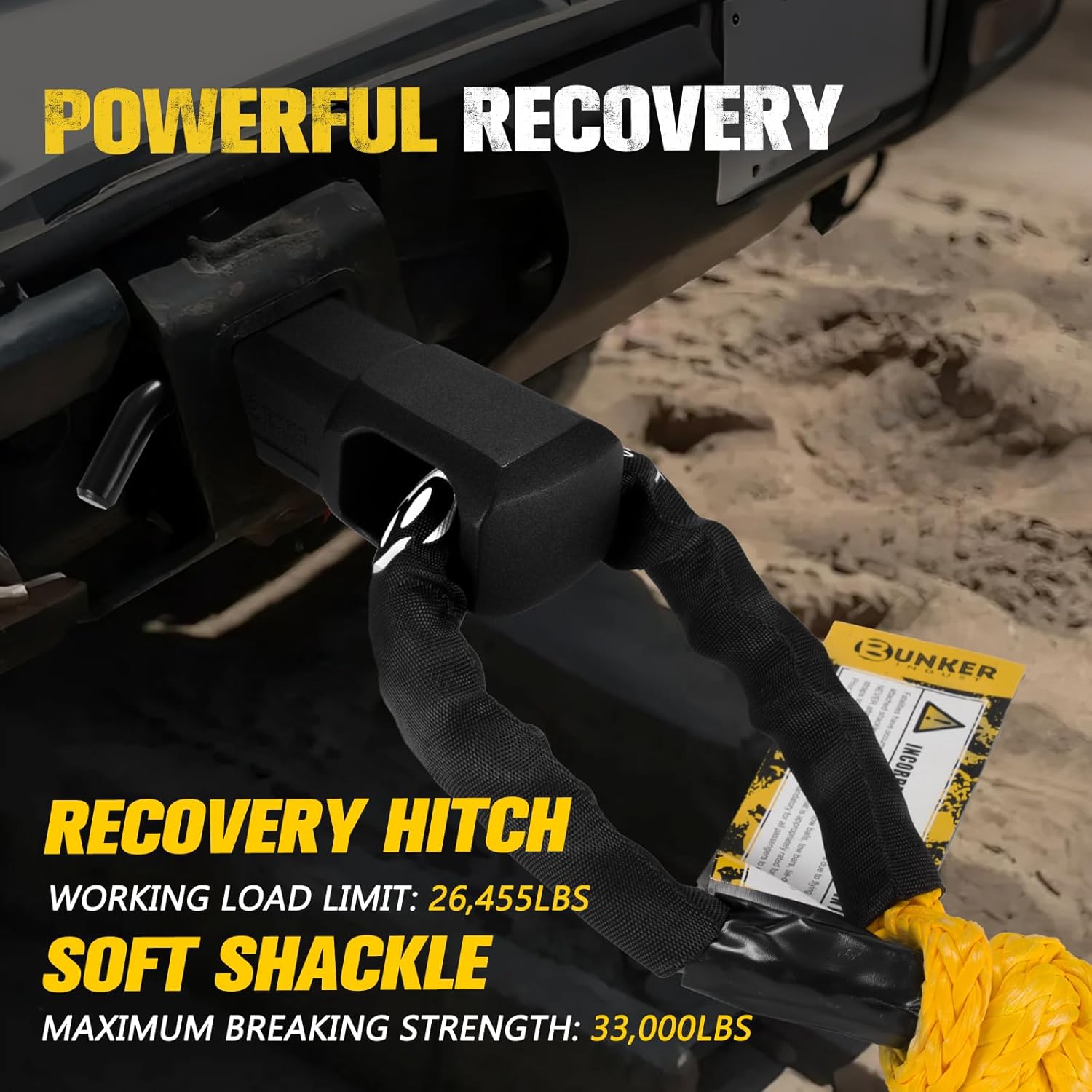 BUNKER INDUST Soft Shackle Hitch Mount Kit, 2 Inch Aluminum Hitch Receiver with Locking Pin + 33,000lbs Synthetic Soft Shackle Rope, Towing Recovery for Offroad 4x4 Vehicles Truck, SUV, ATV, UTV