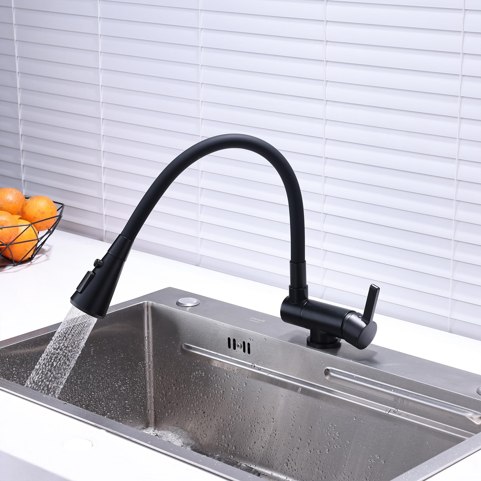 Grifo Abatible Grifo Cocina Flexible Negro Grifo Cocina Abatible Bajo Ventana Grifo Monomando Cocina, Mezclador de Fregadero con Caño Flexible Negro