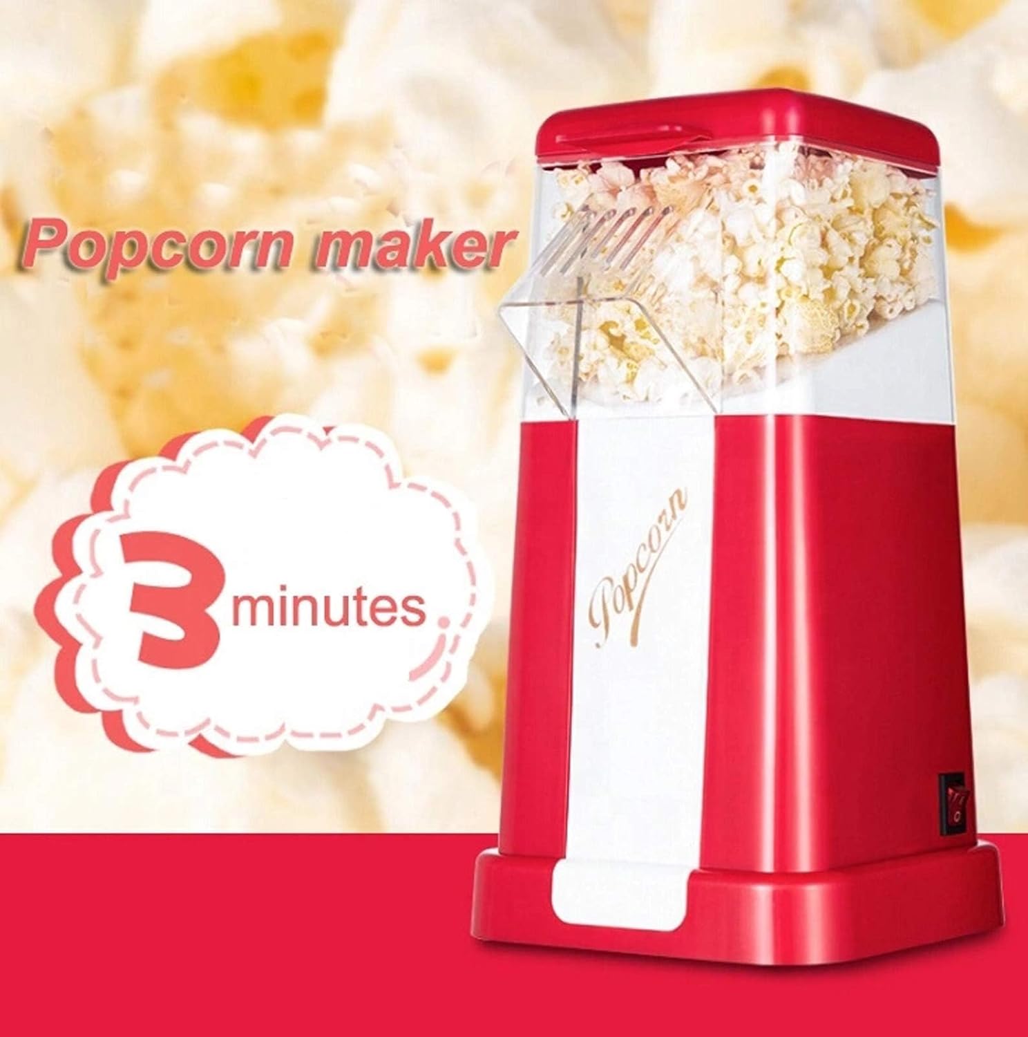 Electric Popcorn Maker, Hot Air Popcorn Maker, Low-Calorie & Fat-Free, Retro Popcorn Machine with Measuring Cup & Removable Lid