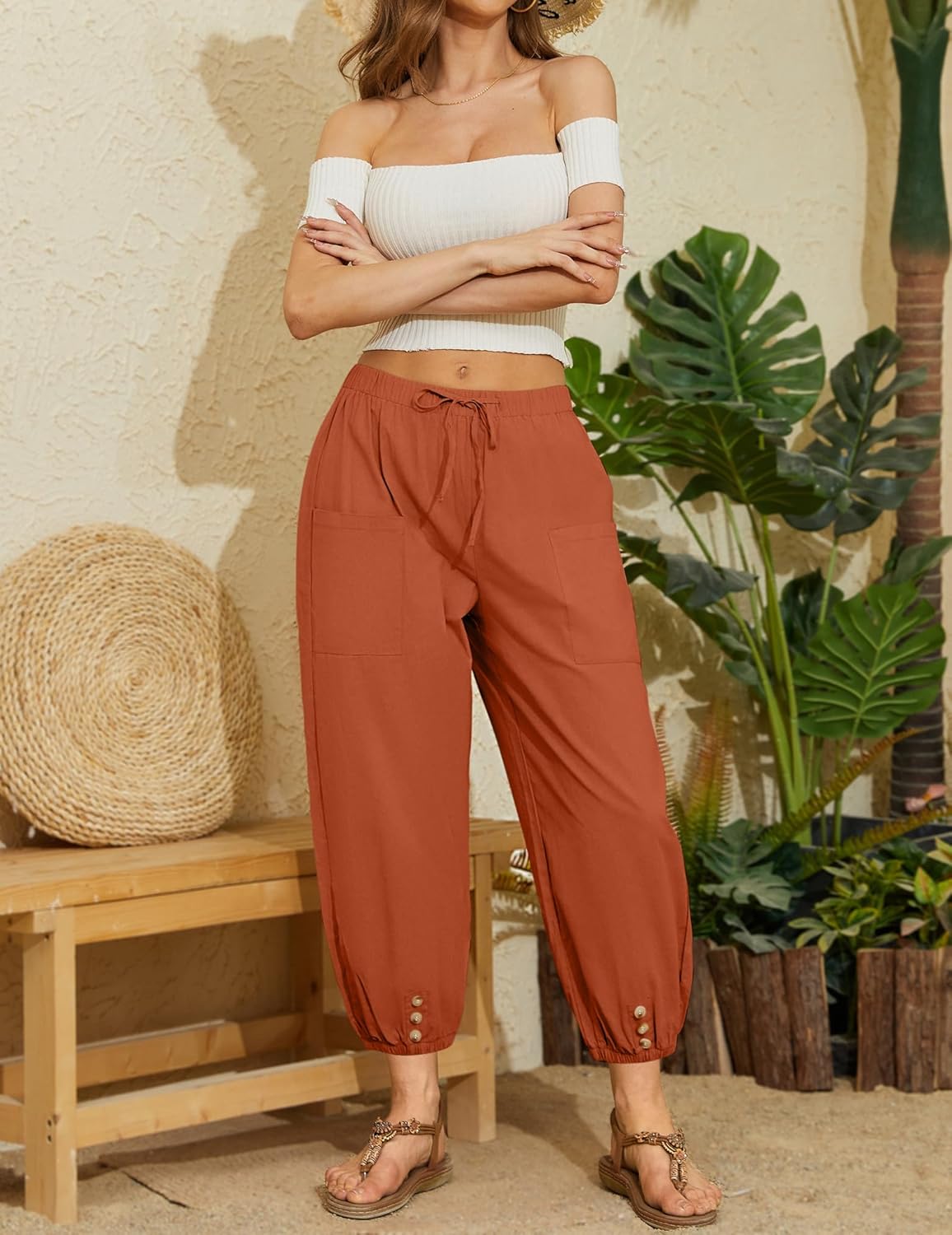 WROLEM Women Capri Pants Casual Drawstring Elastic High Waist Baggy Wide Leg Cropped Pants Trousers for Ladies Summer - Image 2