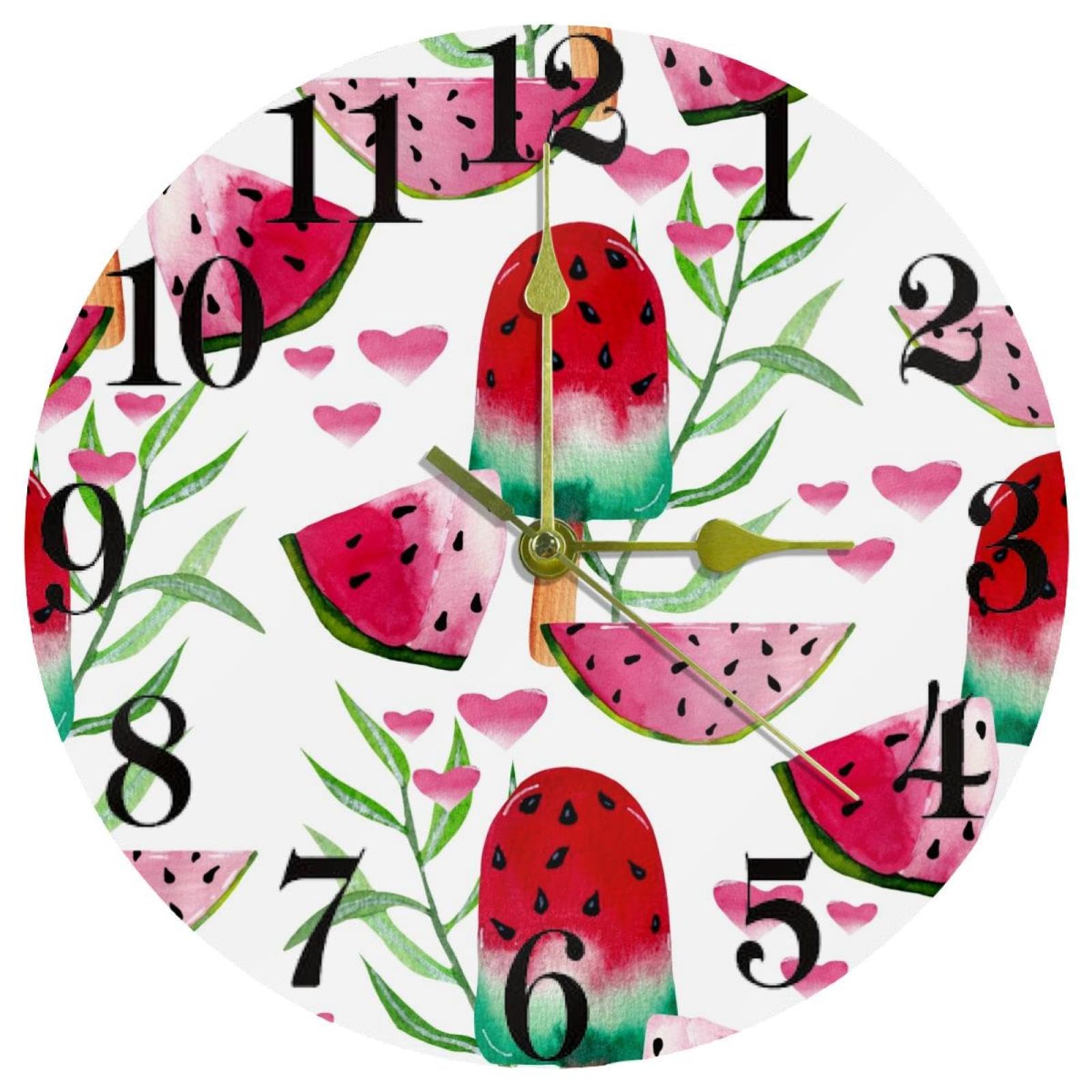 Horloge murale pastèque ronde et silencieuse en quartz pour décoration de cuisine à pile