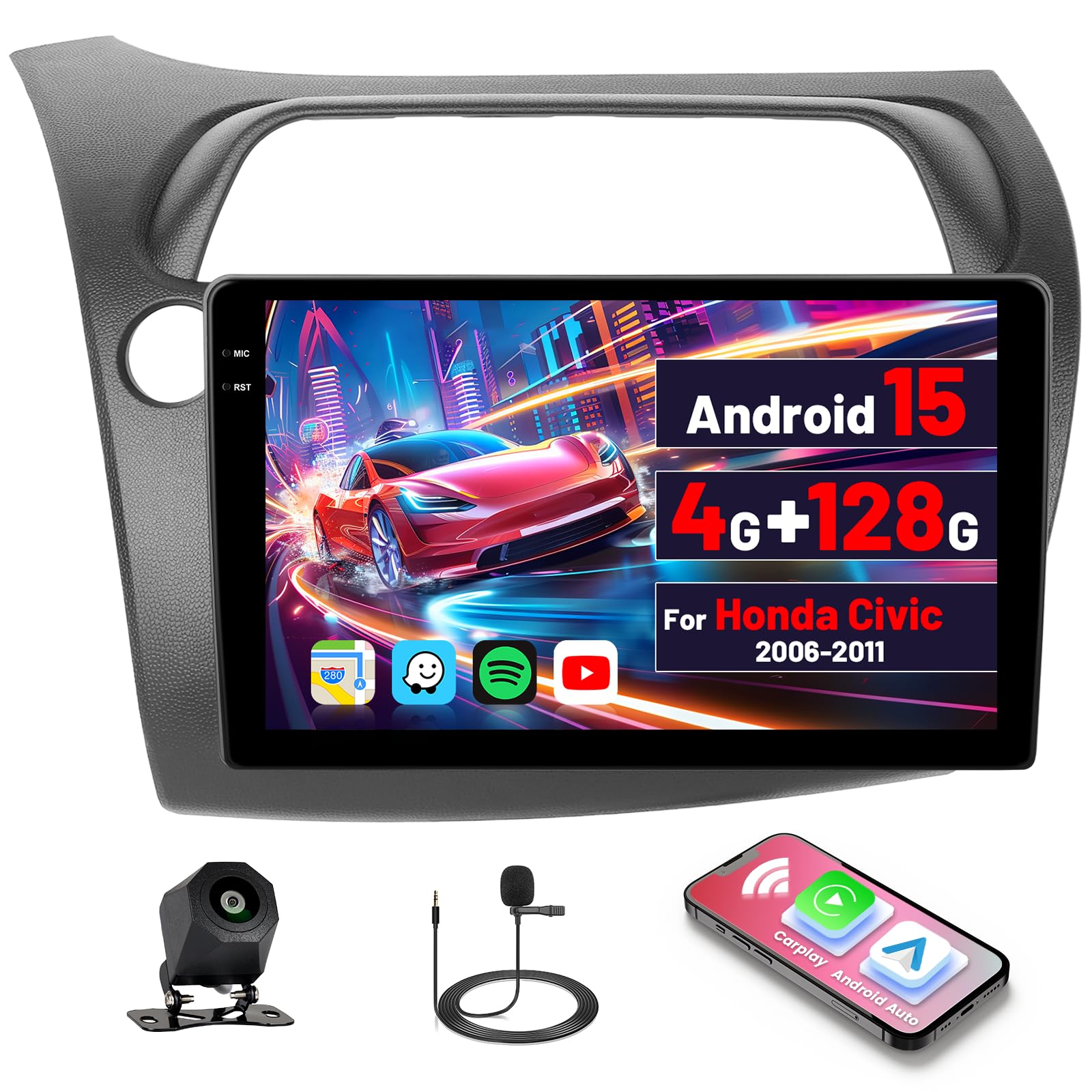Autoradio Android 15 Per Honda Civic 2006-2011, 9 Pollici HD, CarPlay E Android Auto Wireless, 4G+128G, GPS, Bluetooth, Retrocamera, FM, Wi-Fi