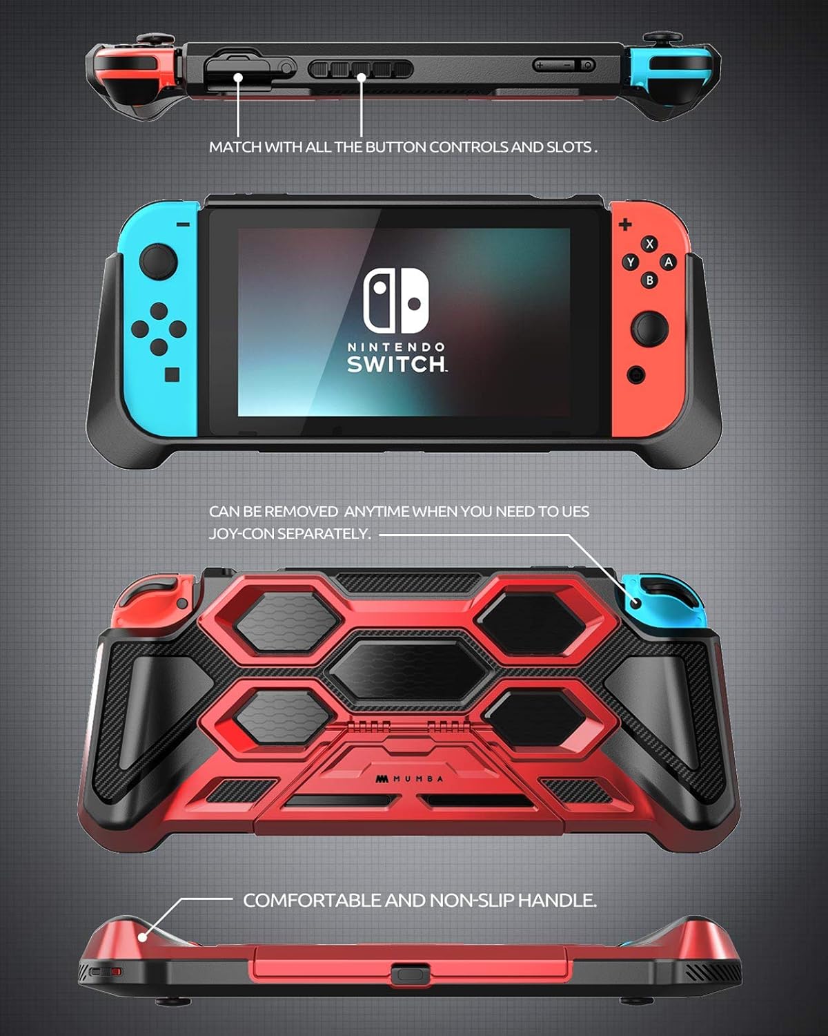 Mumba Protective Case for Nintendo Switch (2017 Release), [Battle Series] [Built-in Kickstand] Heavy Duty Grip Cover for Nintendo Switch Console with Comfort Padded Hand Grips (Red) - Image 5