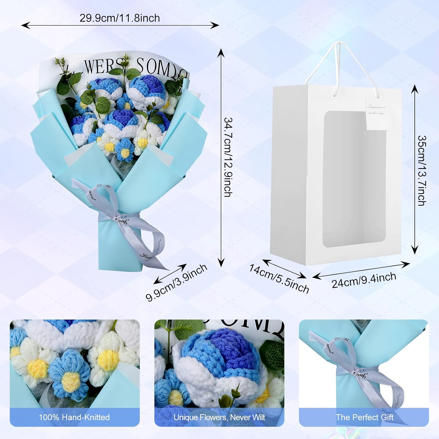 Foyucool Crochet Flower Bouquet Handmade Blue & White | With gift bag, handmade. Wonderful gift for Christmas, Mother's Day and Valentine's Day.
