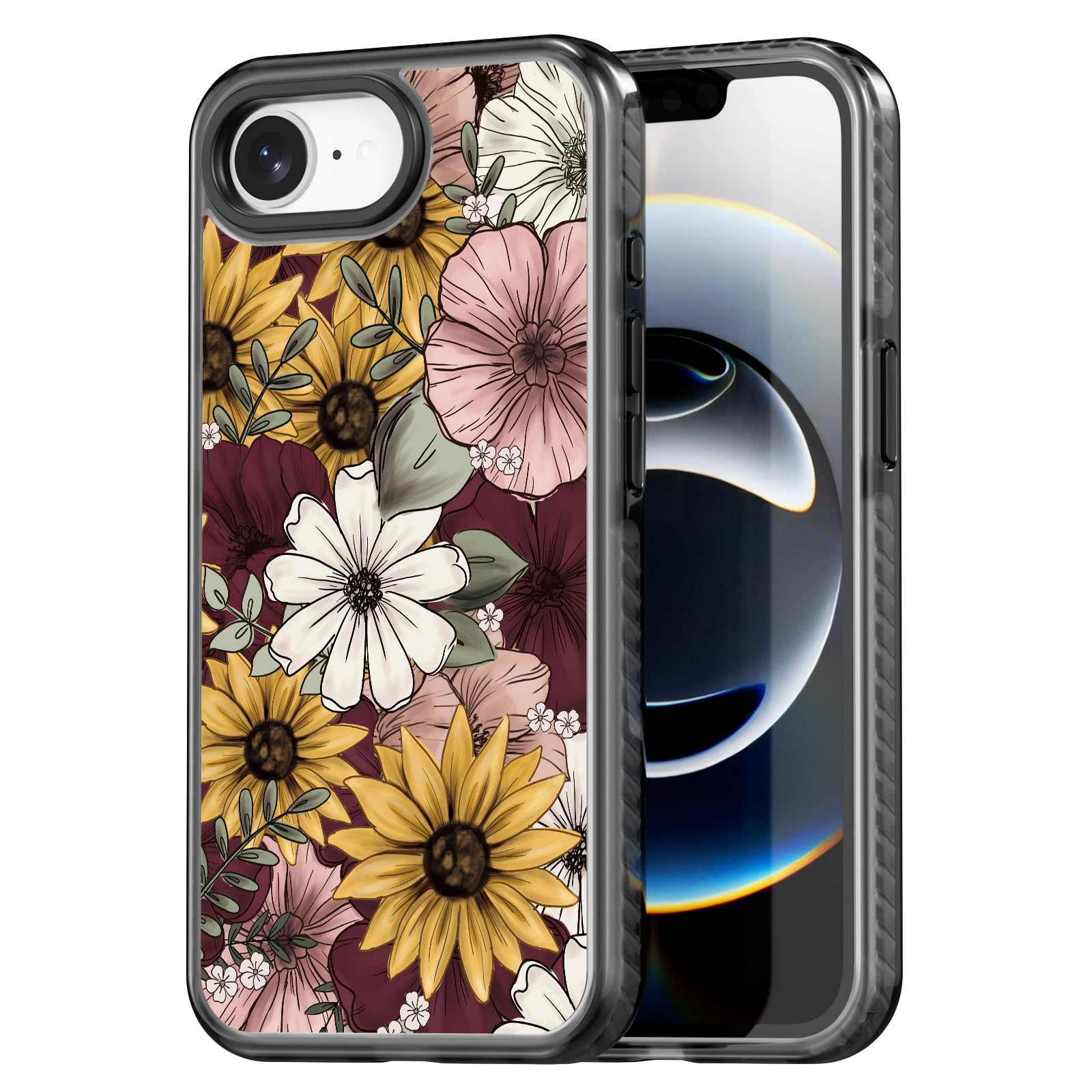 Rosarnnah Compatible for iPhone 16E Case Cute - Durable Shockproof 6.6 ft Drop Impact Phone Case - Black Funny Sunflower Design for iPhone 16 SE 4 6.1