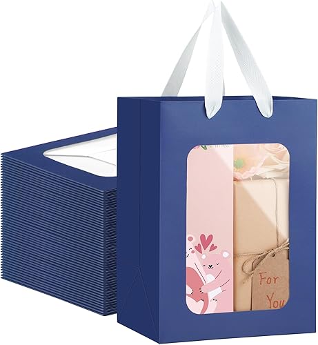Miniatura 8 de EUSOAR Bolsa de regalo con ventana, 50 bolsas de papel kraft blanco de 7 x 5.12 x 9.84 pulgadas con ventana transparente, bolsas de regalo