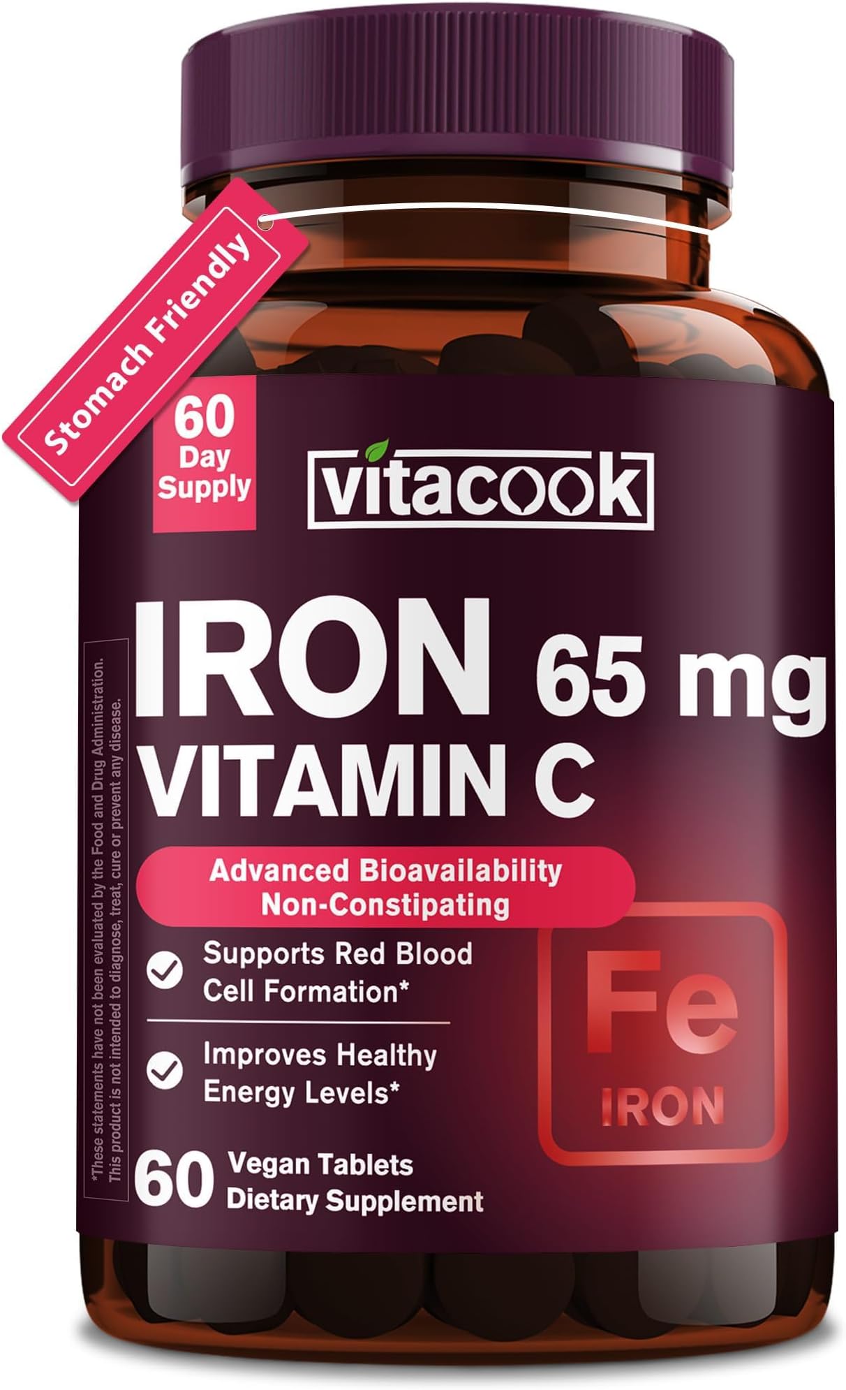 Iron Supplement for Women Men, High Potency Iron 65mg with Vitamin C 250mg, Stomach Friendly Iron Pills for Red Blood Cell & Immune Support, Vegan, Non-GMO & Gluten Free, 60 Tablets