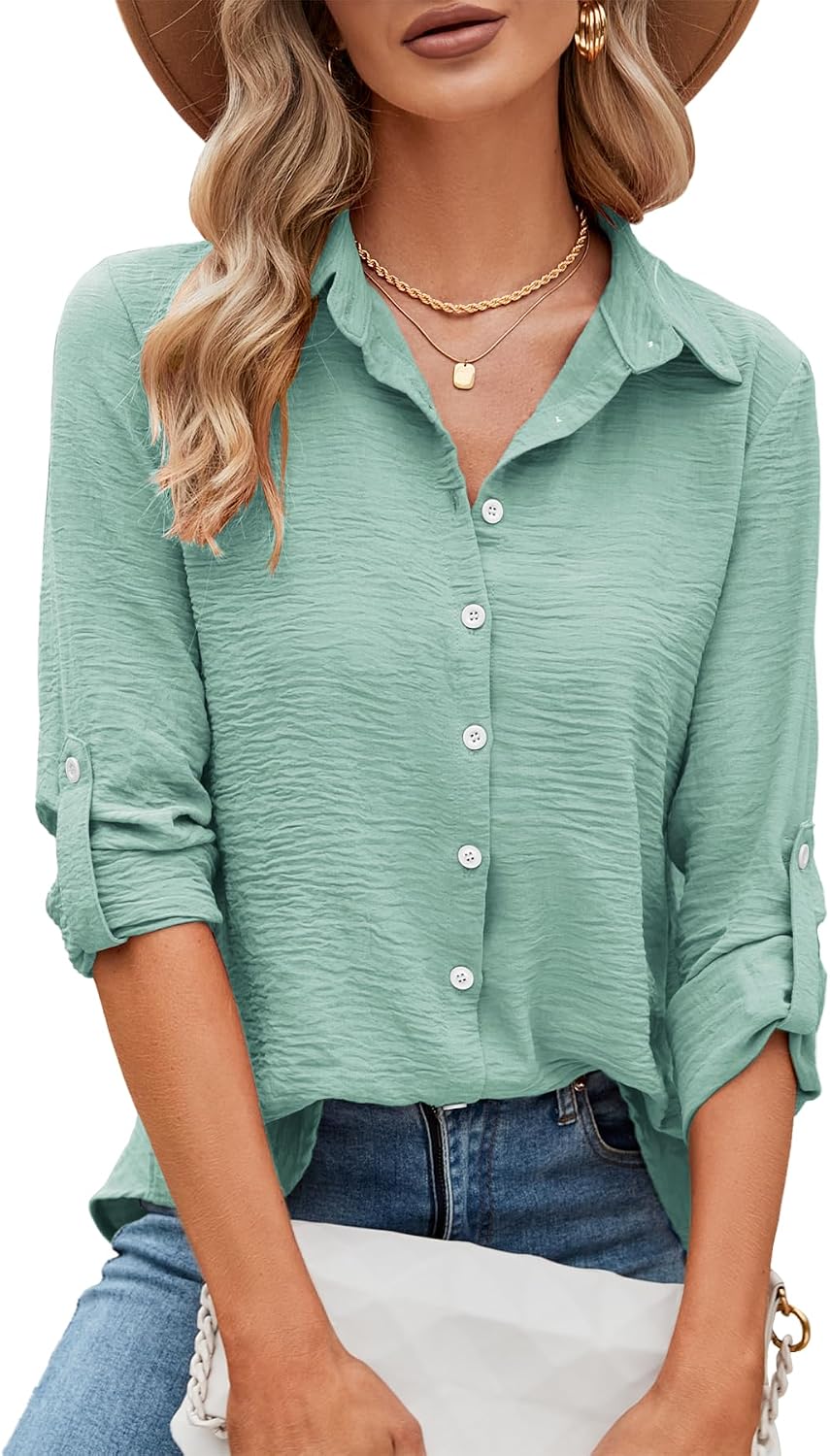 Odosalii Damen V-Ausschnitt 3/4 Ärmel Chiffon Causal Lässige Oberteile Oberteil Tops Langarmshirt Shirts Tunika Hemd Bluse