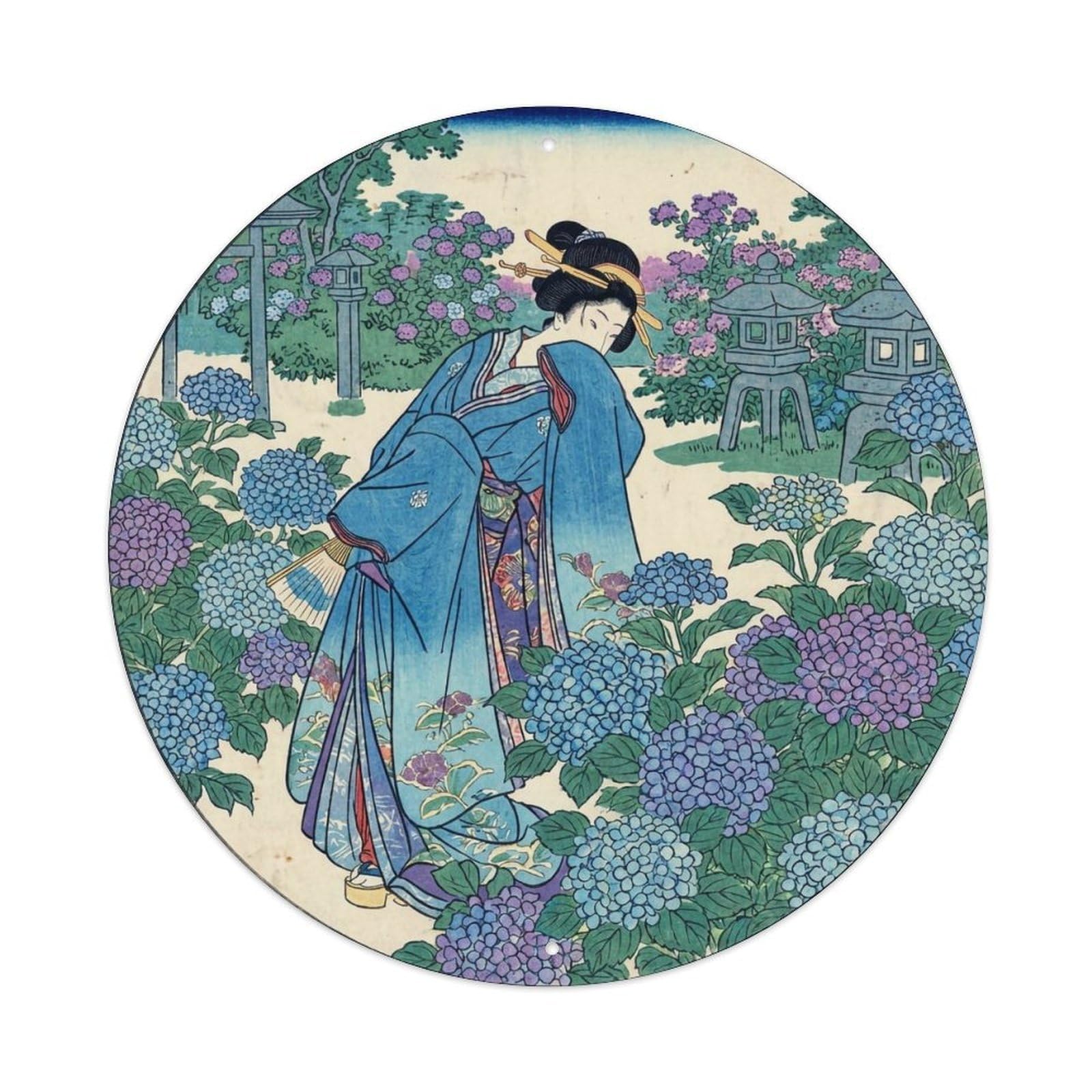 Yrnq 8X8inch Vintage Style Japanese Geisha Hydrangea Garden Blue Kimono Serene Metal Tin Sign
