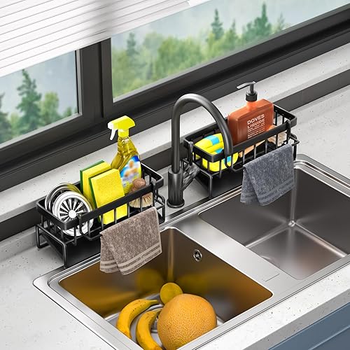 Miniatura 7 de LURVUO Organizador para fregadero de cocina, soporte de esponja para organizador de fregadero de cocina, organizador de esponja de acero inoxidable