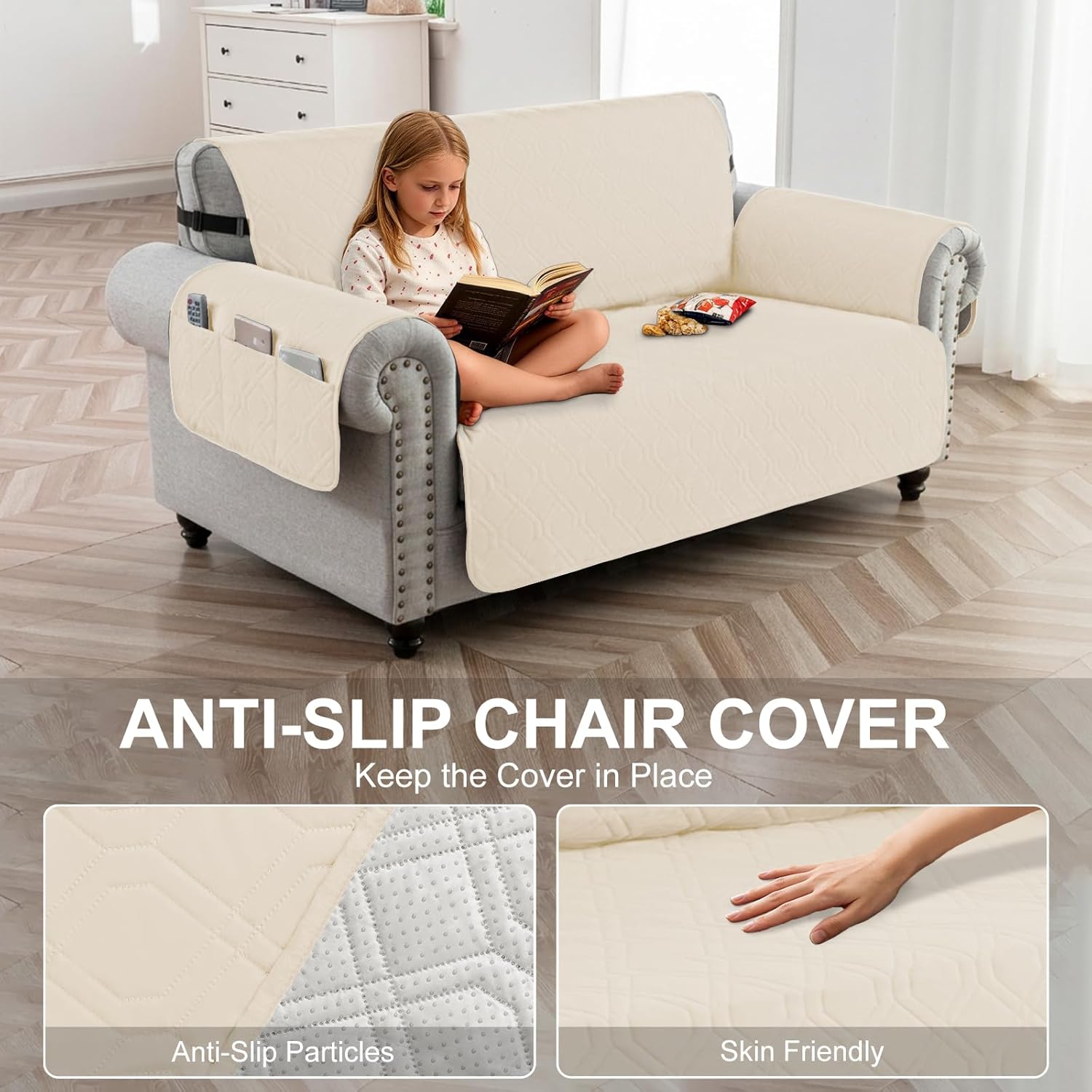 100% Waterproof Couch Cover for Dogs, Anti-Slip Washable Loveseat Sofa Cover with Elastic Straps & Side Pockets, Durable Furniture Protector for Kids & Pets (46", Beige)