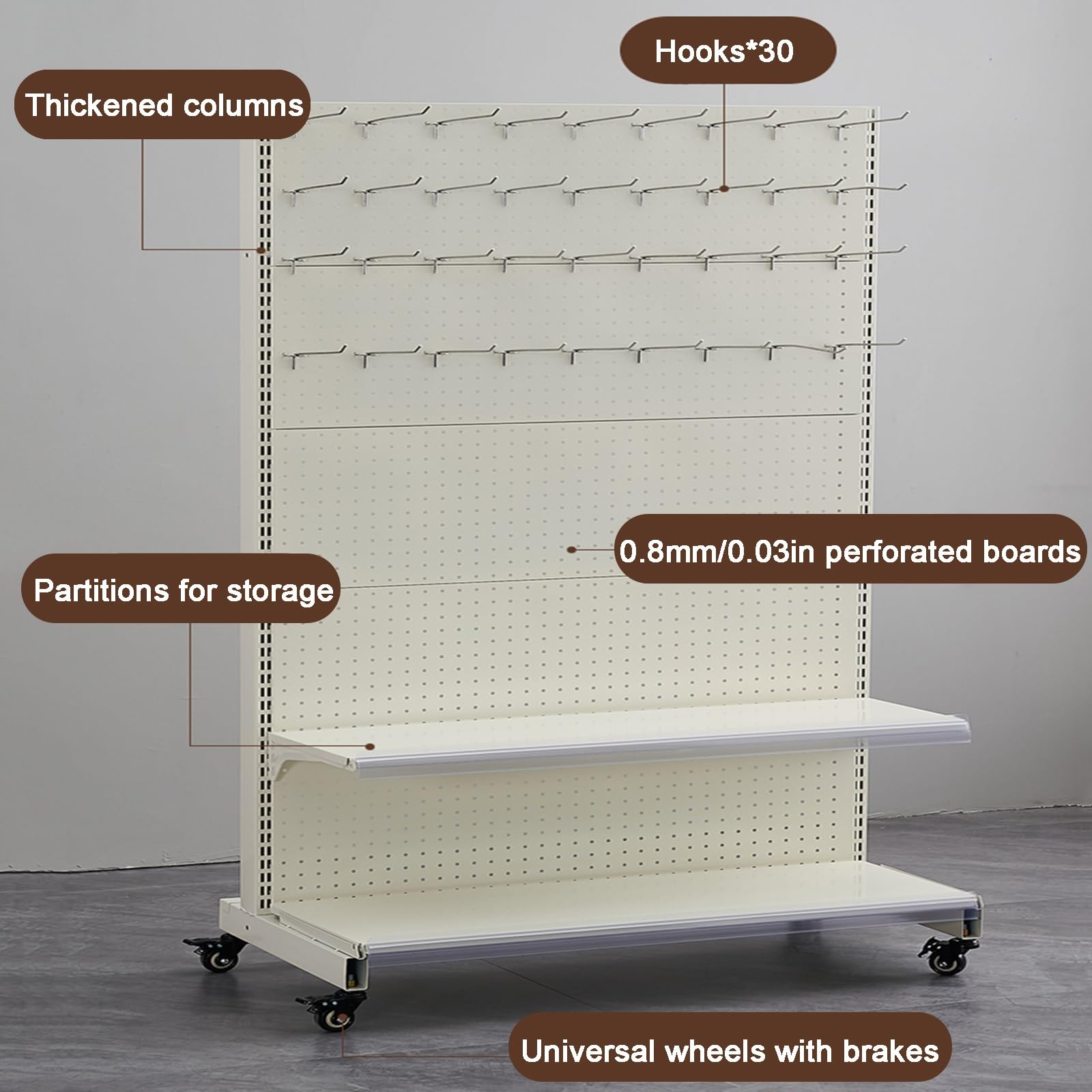 Werkzeugwand Metall Lochwand mit 30 Haken, Ablagen und Universalrollen, Freistehende, Bewegliche Stehende Stecktafel-Display(123 * 164cm/48 * 65in)