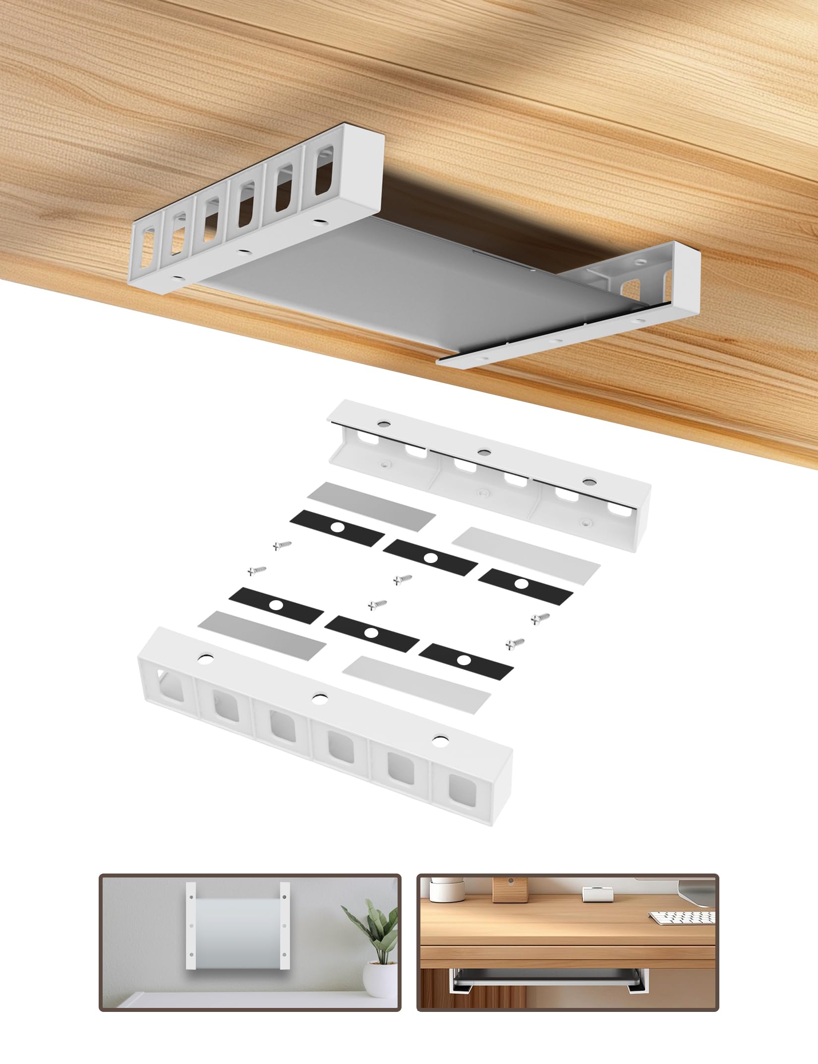 NOTMBESTM Under Desk Mount Holder or Wall Mount, Fit for Laptop, Keyboard, Routers, Modems, Cable Box, Network Switch and Devices Up to 40mm/1.57in Thick (White)