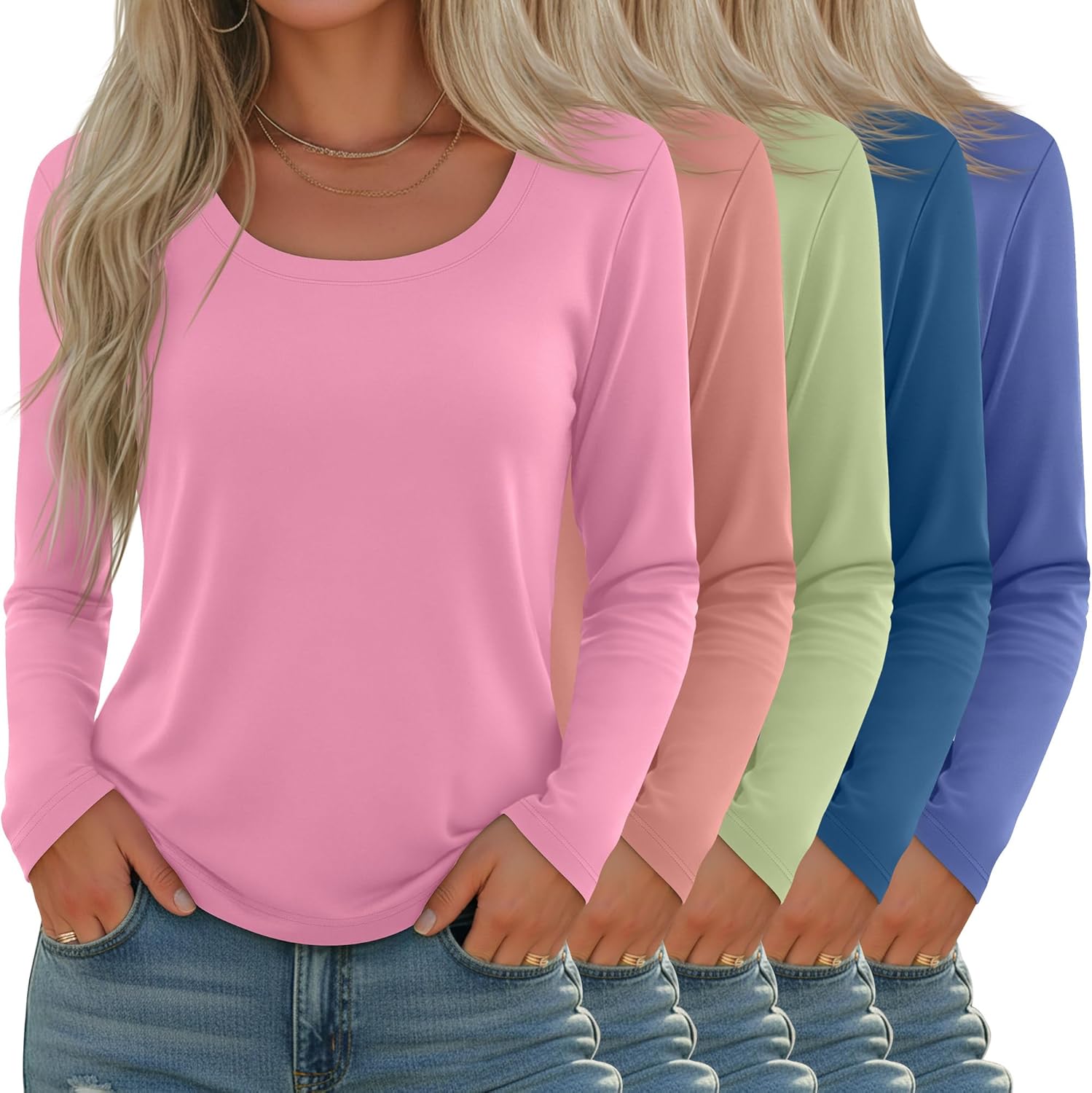 5 Pack Women's Long Sleeve Shirts Scoop Neck Tops Loose Fit Tshirt Pullover Undersh...