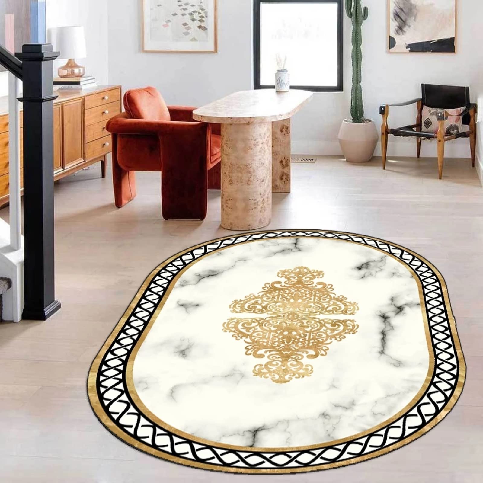 Tappeti Casa Salotto Grandi Ovale, Antiscivolo Lavabile Tappeti, Moderno Chic Tappeto Tondo da Interno, Tappeto di lusso in marmo bianco oro, 150 x 200 cm