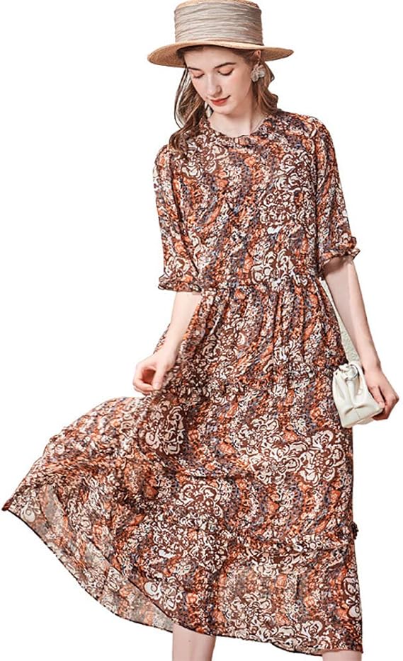 Amazon Co Jp Cisuli 100 ピュアシルク シフォンドレス シルクドレス 女性の夏のドレス プリントワンピース ロングドレス 服 ファッション小物