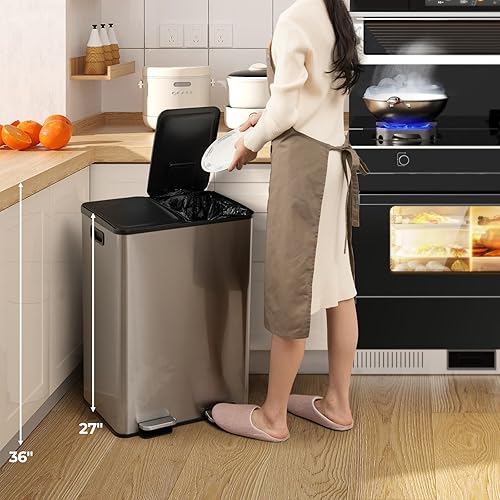 Miniatura 9 de Goplus Cubo de basura de acero inoxidable de 16 galones (2 x 30 L), cubo de basura para cocina con cubos interiores extraíbles duales, cierre suave