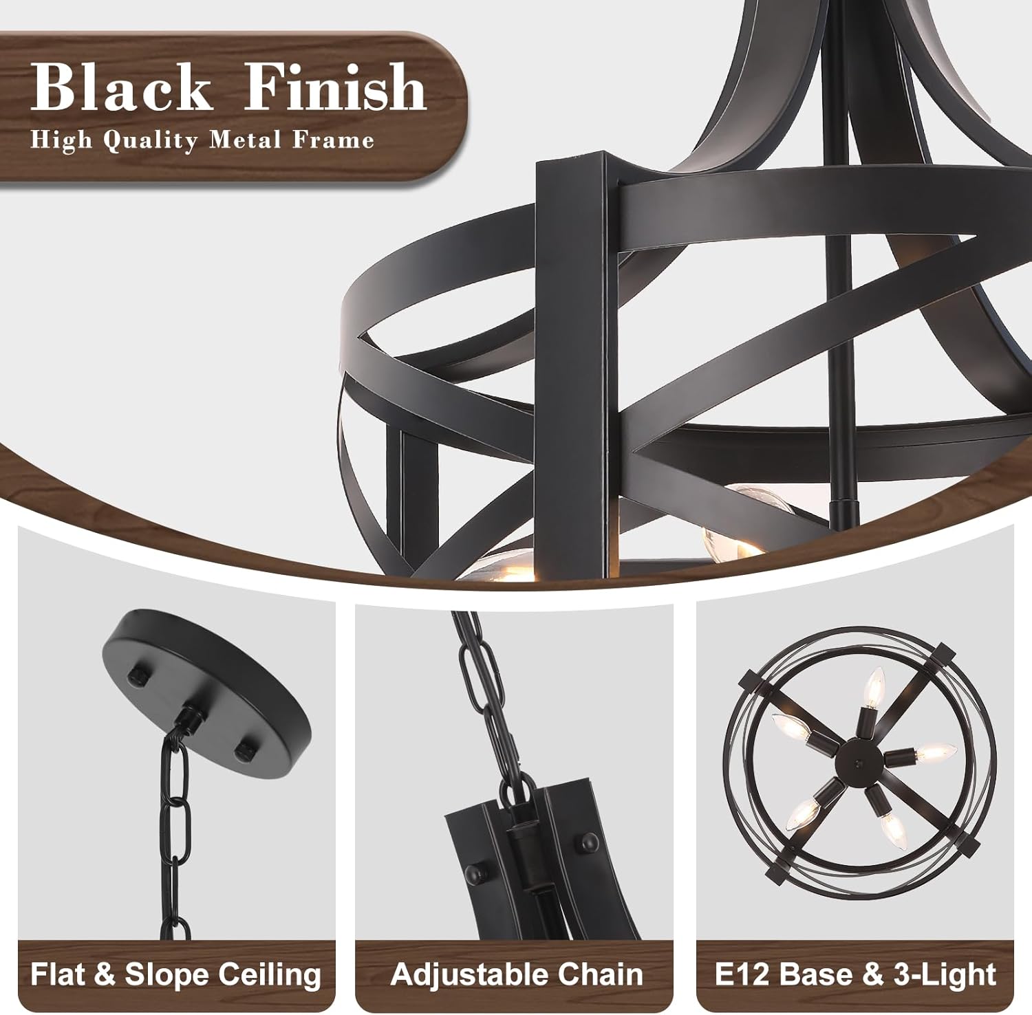 Black Chandelier, 5-Light Farmhouse Chandelier Dining Room Light Fixture, Modern Industrial Pendant Lights with Adjustable Chain for Living Room Foyer Entrance Bedroom Kitchen Island