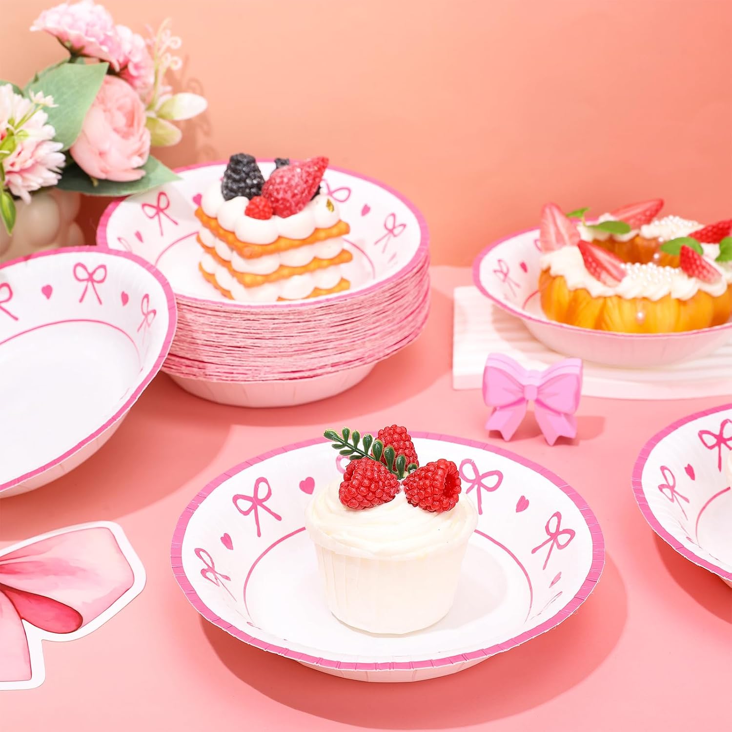 FYSUIMU 50Pcs Pink Bow Heart Paper Bowls 16 Oz Coquette Bowknot Party Bowls Disposable Soup Snack Dessert Serving Bowl for Holiday Wedding Baby Shower Birthday Party Supplies