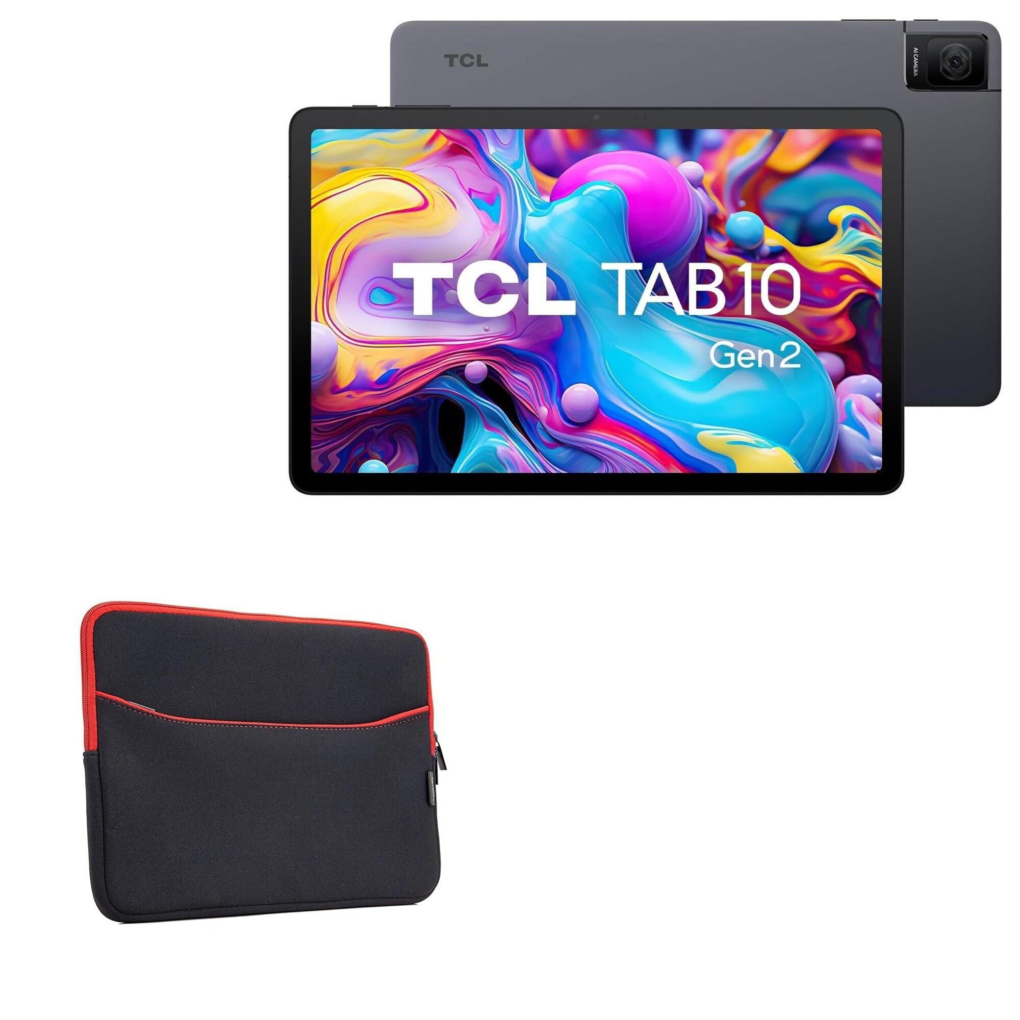 BoxWave Case Compatible with TCL Tab 10 Gen2 - SoftSuit with Pocket, Soft Pouch Neoprene Cover Sleeve Zipper Pocket - Jet Black with Red Trim