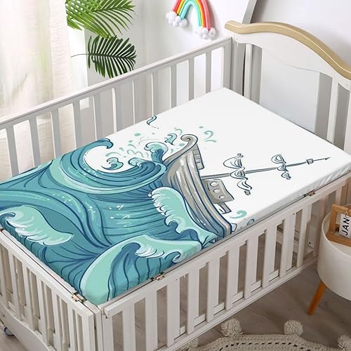 Miniatura 2 de Sábanas bajeras ajustables para cuna con temática náutica, sábanas para cuna de bebé para niña o niño, color gris pardo aguamarina, 38 x 24 pulgadas