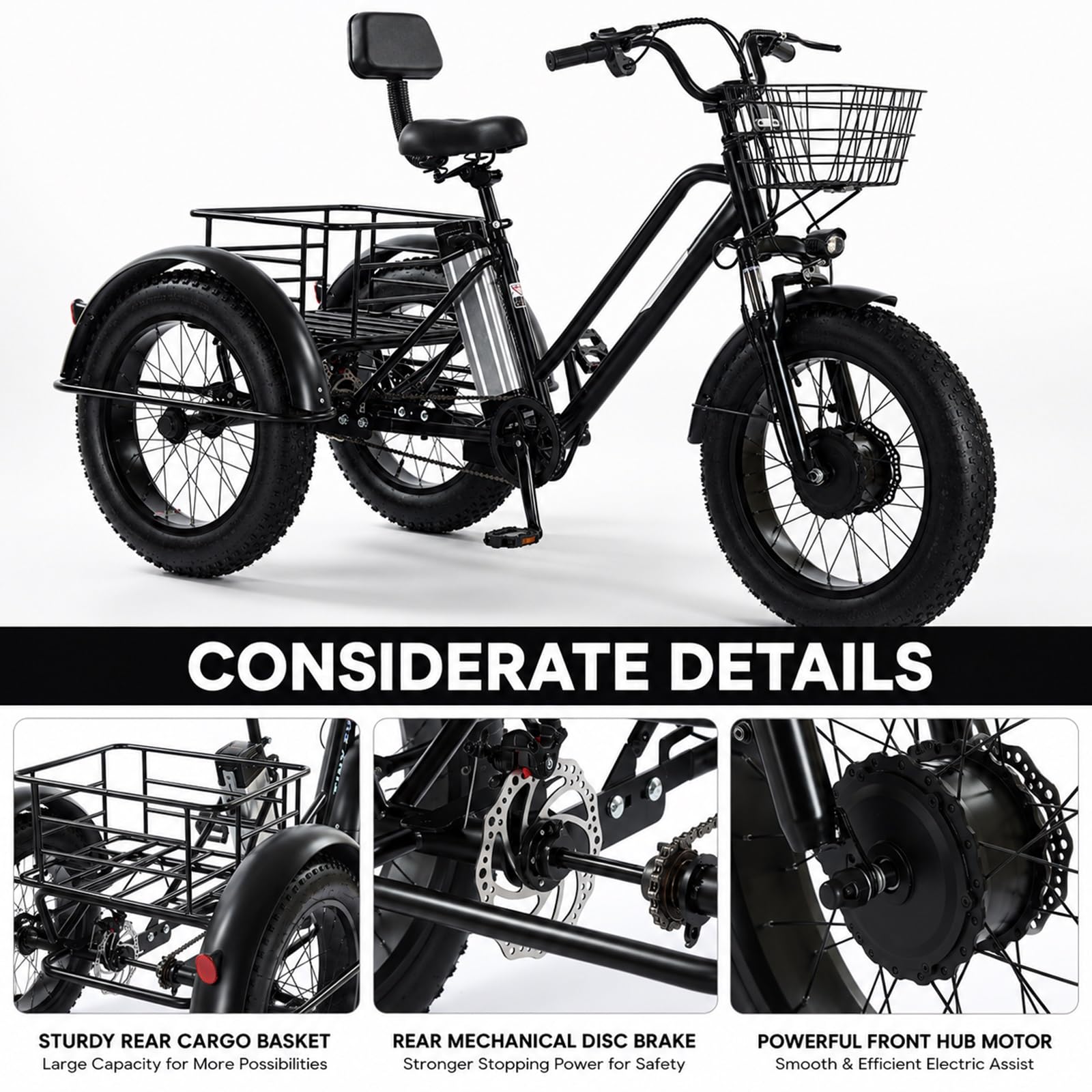 Tricycle Électrique Pour Adultes – Vélo Électrique À 3 Roues Et Pneus Larges (Fat Tire) De 20 Pouces, Avec Batterie Amovible – Vélo Cargo À Cadre Bas, Charge Maximale 200Kg Et Grand Panier