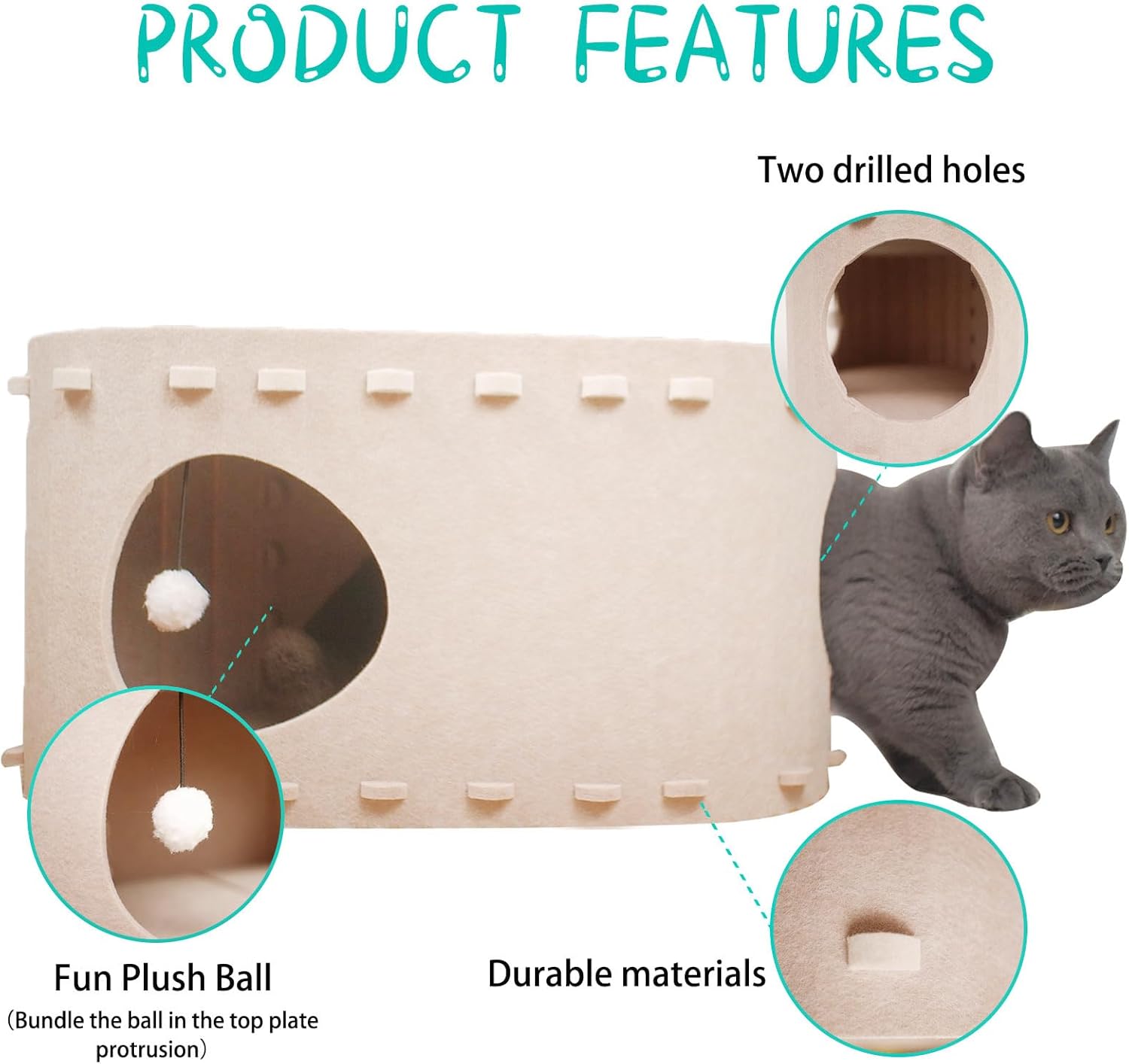 review Cat Cave House for Indoor Cats Hideaway with Fluffy Ball Hanging Scratch Resistant Peekaboo Cat Tunnel Beds Foldable Felt Pet Cat Enclosed House Cat Condo for Multi Pet Kitten (Khaki, Large)