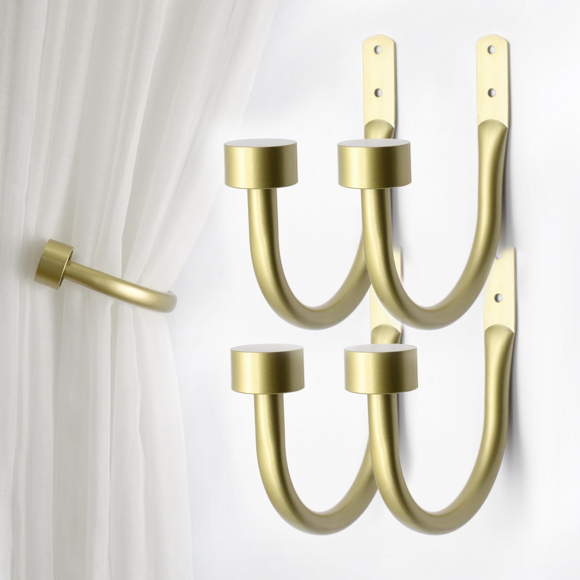 4PCS Curtain Holdbacks, Wall Mounted Curtain Holders, Curtain Hooks for Drapes, Curtains Tie Backs Hooks for Bedroom, Living Room, Gold