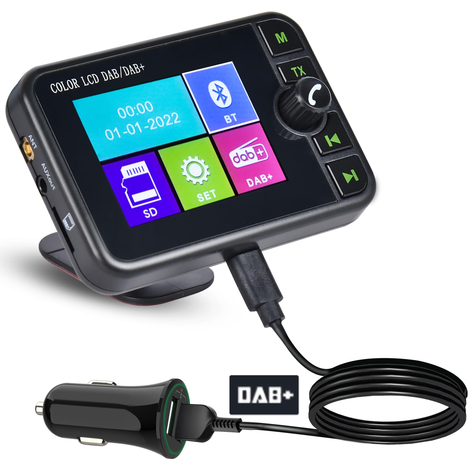 DAB Adattatore per Autoradio 2.4'' LCD Portatile DAB + Autoradio Adattatore con FM Trasmettitore Audio/Bluetooth Vivavoce/Bluetooth Musica/AUX In&Out/Supporto TF Card