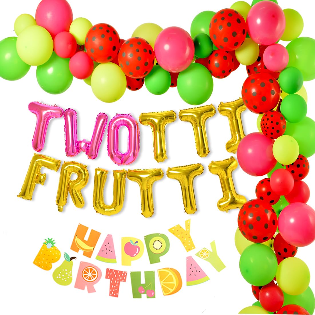 Twotti Fruity Birthday Decorations Kit - Watermelon Strawberry Balloon Garland & Backdrop For 2nd Birthday