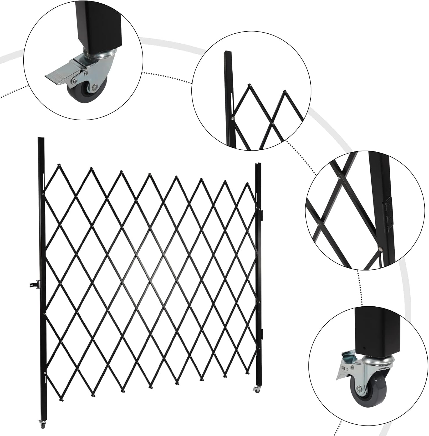 Folding Security Gate,87''H x 79''W Black Metal Safety Gate with Diamond Grid and Padlock, Expandable Wall Mount Gate for Garage, Basement, Storefront, School and Industrial Site