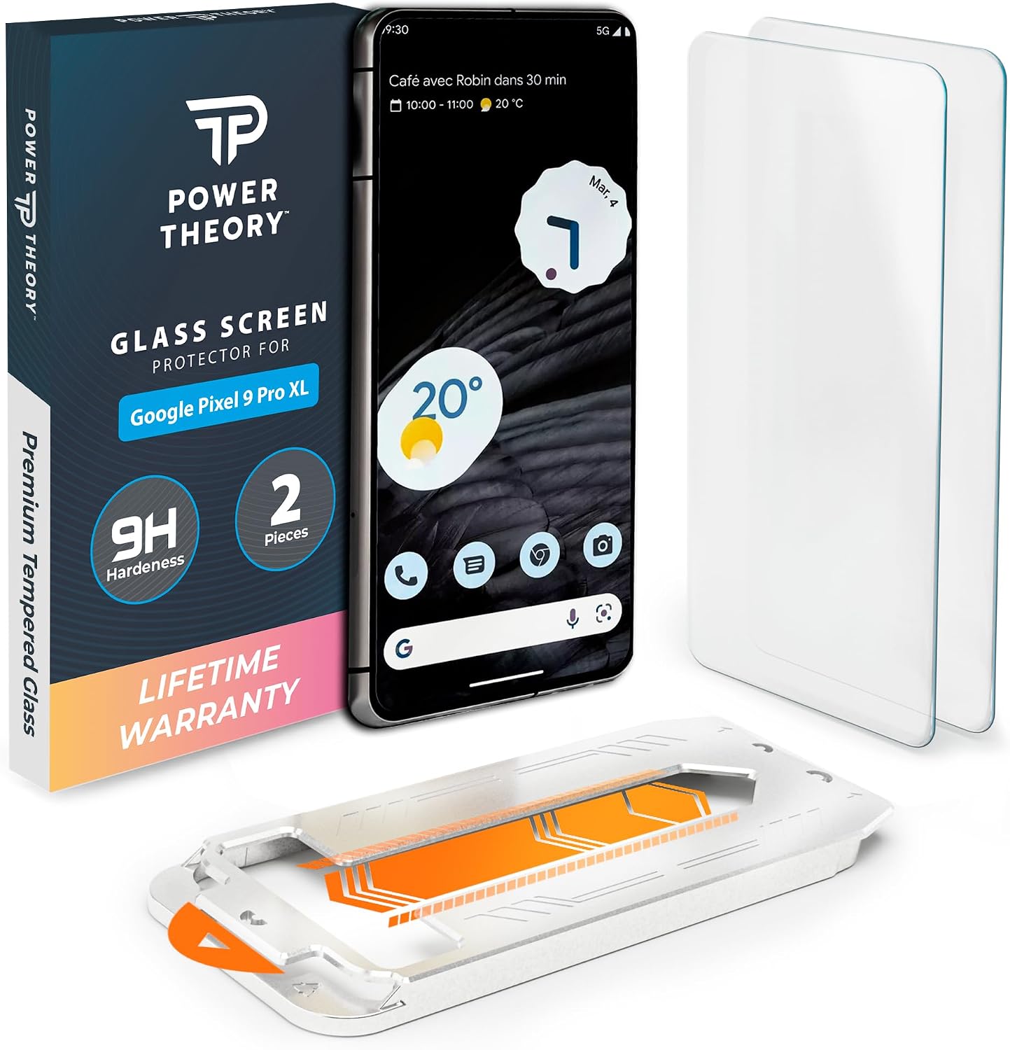 Power Theory compatible with Google Pixel 9 Pro XL Screen Protector Tempered Glass [Ultra 9H Hardness], 2 Pack, Easy Install Kit, 99% HD Bubble Free Clear, Case Friendly, Anti-Scratch