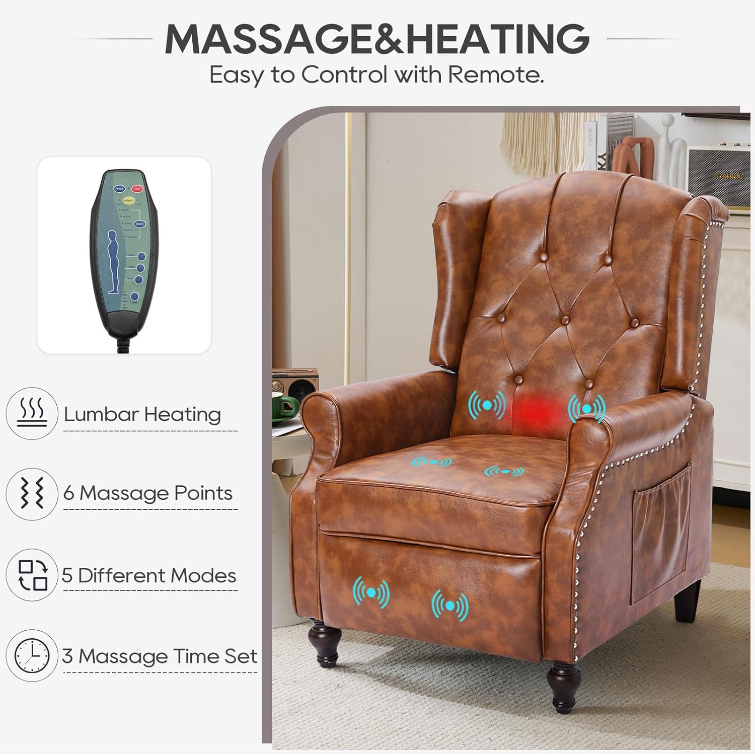 Wingback Recliner Chair with Massage and Heat, Tufted Back PU Leather Living Room Armchair with Nailhead Trim,Push Back Recliner Chair with Remote Control,Padded Cushion (Tawny Brown)