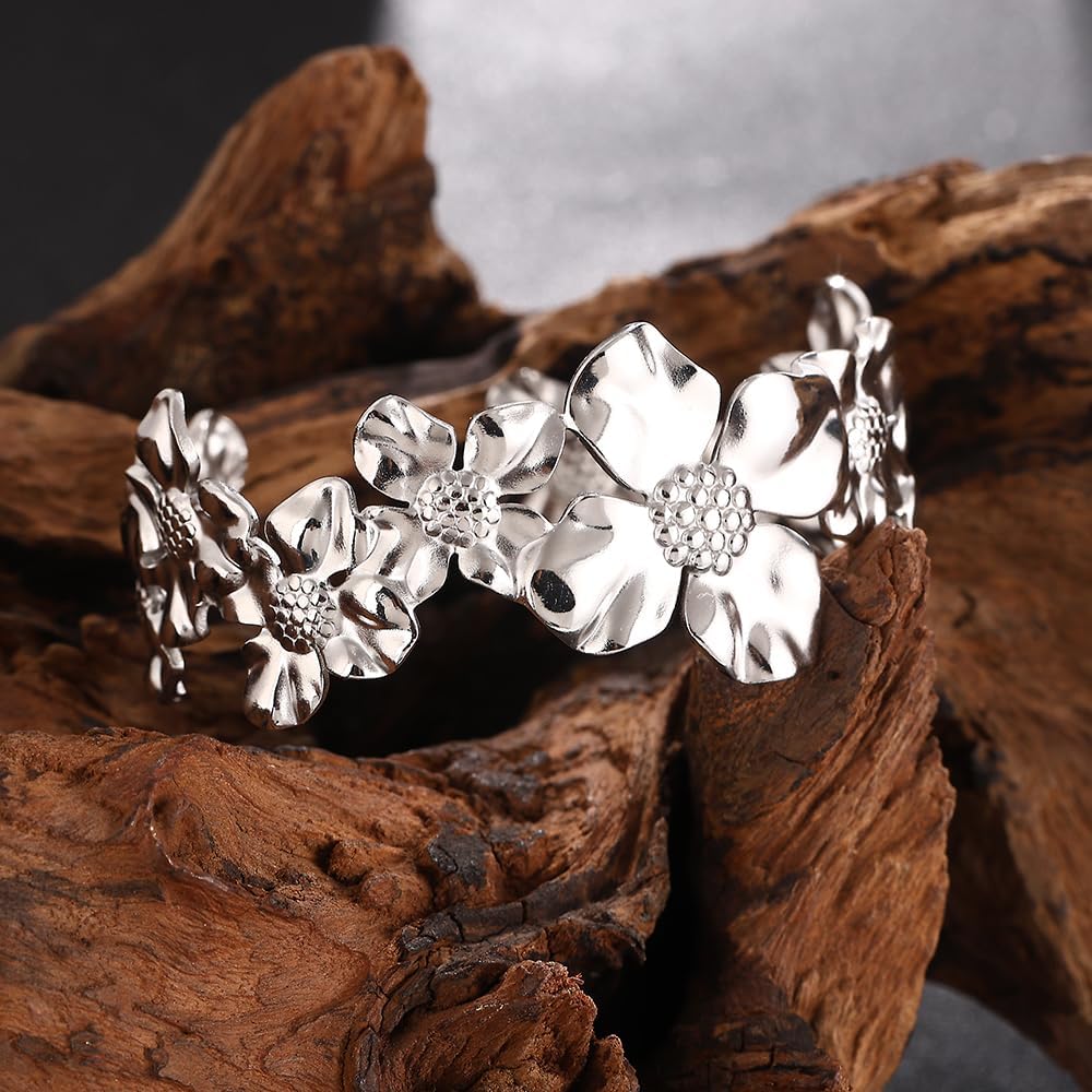 YWMAN Silver Flower Cuff Bracelet, Metallic Floral Chunky Bracelet for Women - Image 3