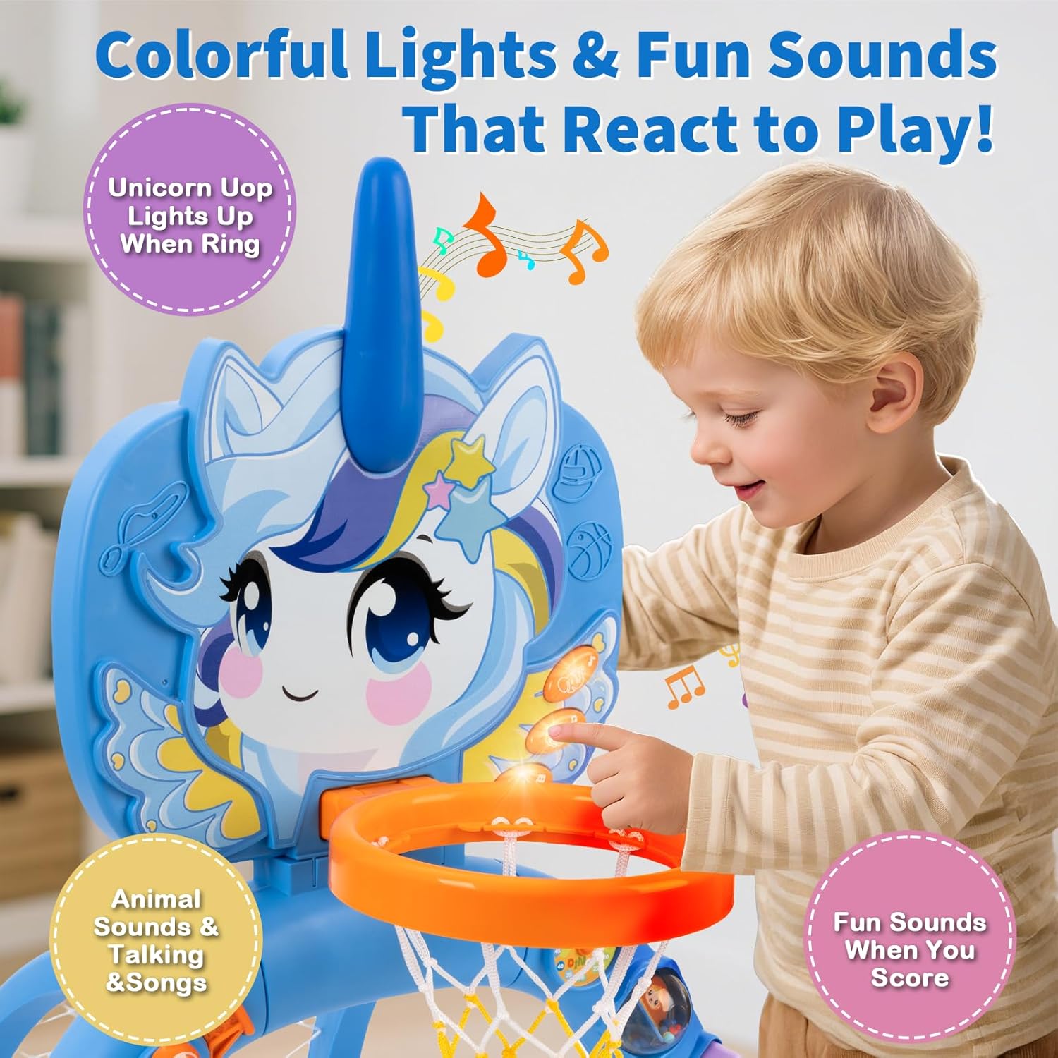 Unicorn Sports Play Set for Toddlers – Blue Basketball Hoop & Soccer Goal with Ring Toss | Indoor Outdoor Activity Center Toy for 1-3 Year Old Boys Girls | Birthday Gift Idea