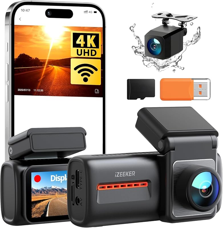 Cameră auto iZEEKER 4K față și 1080P spate, cu WiFi, sistem dual de înregistrare, ecran IPS de 2.99 inchi, vedere nocturnă, senzor G și card SD de 32GB, monitorizare parcare