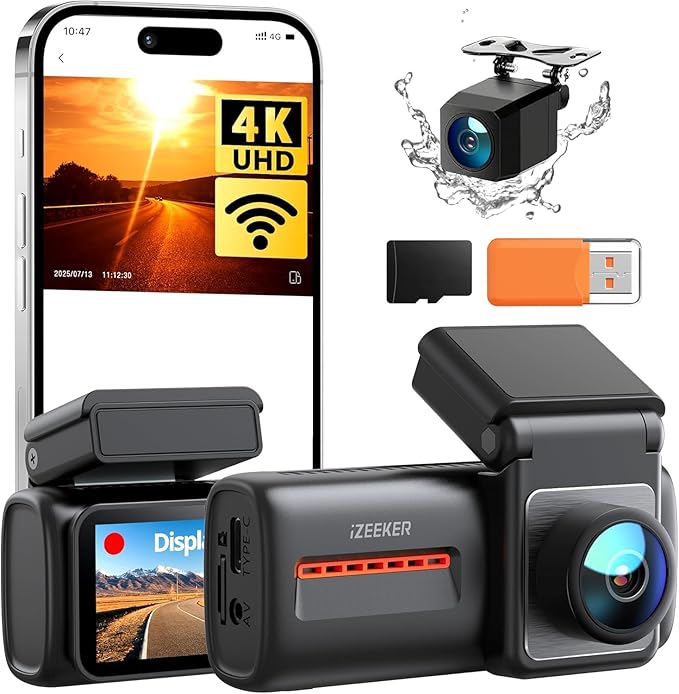 iZEEKER 4K Dash Cam Auto, WiFi 6 Dashcam Auto con Scheda SD 32G, Doppia Dash Cam 4K+1080P, Display IPS da 2,99", APP, Visione Notturna, Sensore G, Registrazione in Loop, Modalità Parcheggio 24H