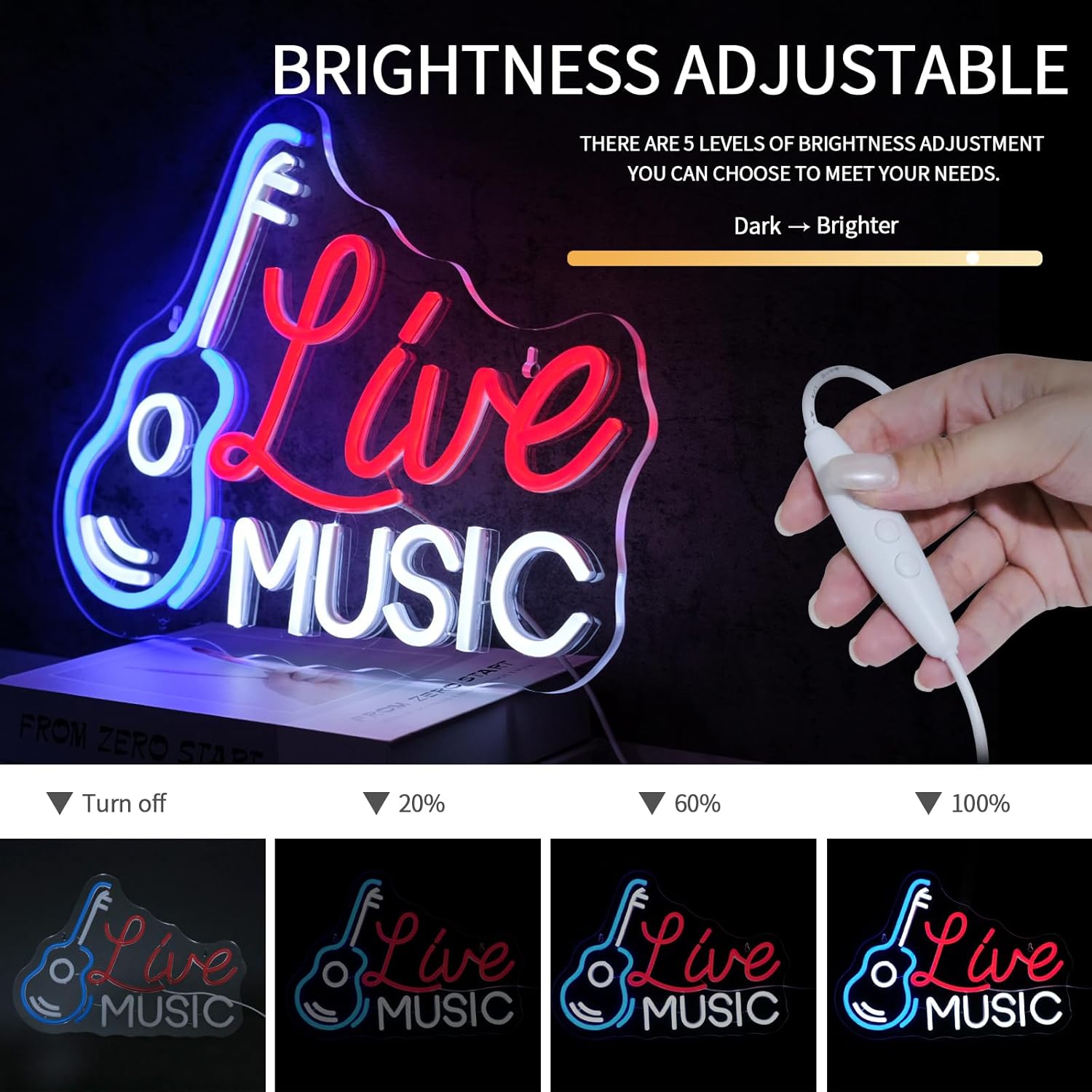 Live Music Neon Sign for Wall Decor - Dimmable LED Light for Studio, Guitar, Bar, Concert, Party, Man Cave - Room Decoration Gift