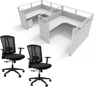 SUNLINE DIY Office Cubicle - مجموعة مكتب حجرة كاملة مع 7 تخطيطات وكرسيين مريحين متينين، مجموعة مكتب معيارية سهلة التجميع مع لوحة منزلقة وأقسام حائط وتخزين متنقل - رمادي