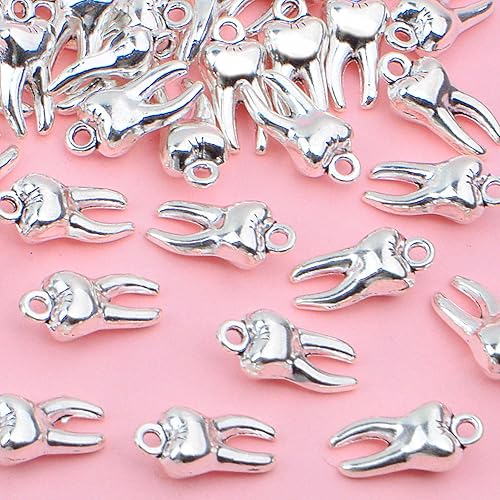 Miniatura 4 de 50 piezas de dijes de dientes de plata antigua, de aleación de dientes sanos, colgantes para colgar adornos para bricolaje, collares, pulseras,