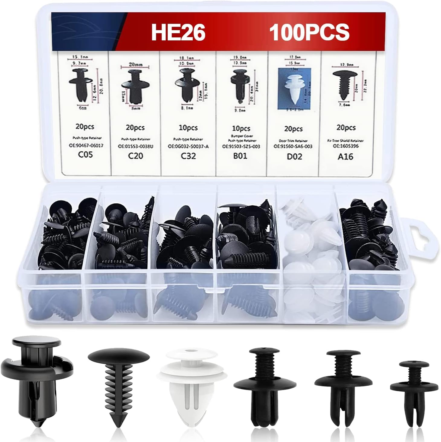 100Pcs Car Fixing Clips, 6 Types Car Body Trim Clips, Universal Auto Clips Plastic Nylon Rivet Trim Clamp, Car Retainer Clips, Car Mounting Set, Nylon Bumper Expansion Rivets