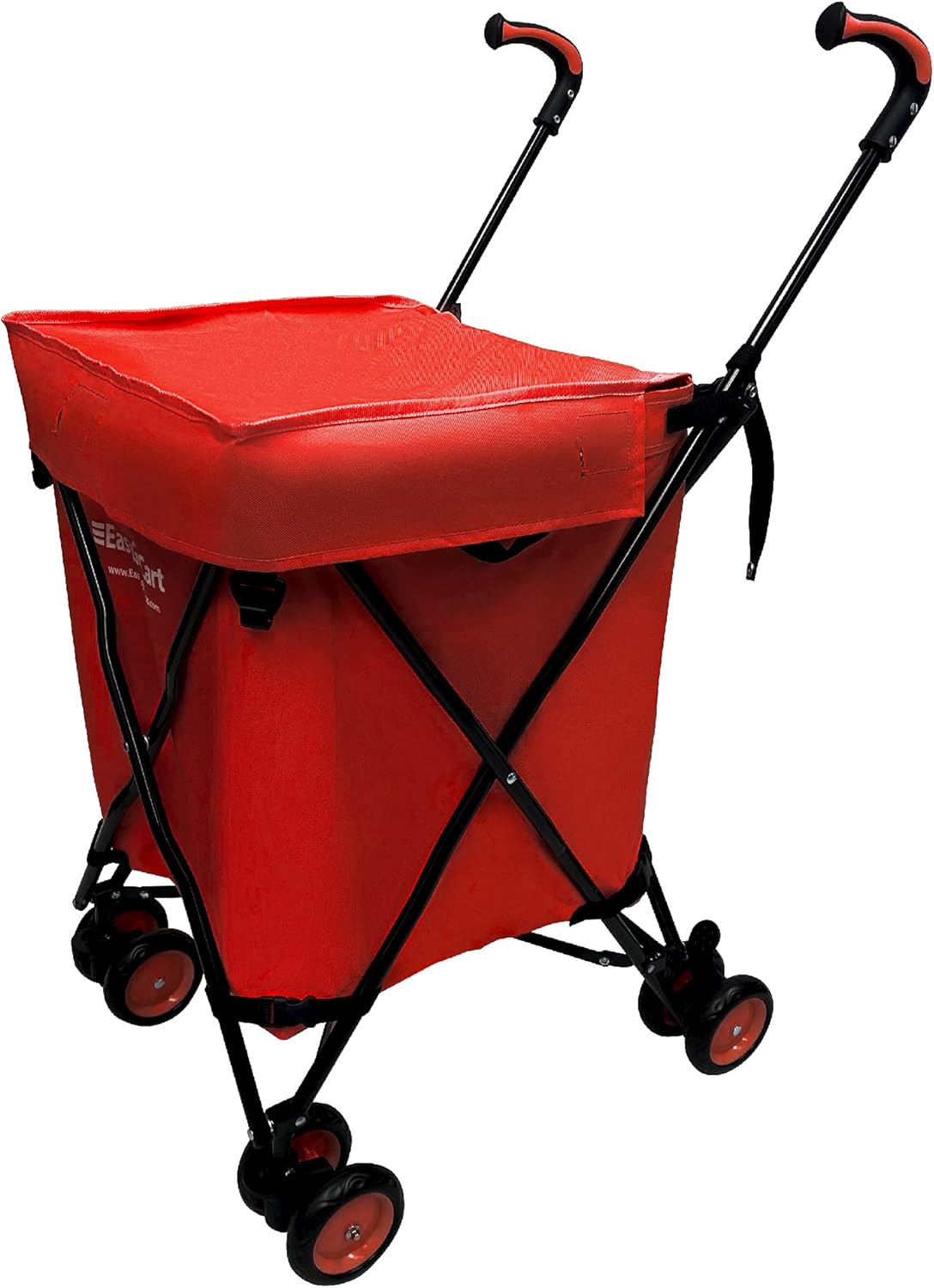 EasyGo Rolling Cart Folding Grocery Shopping Cart Laundry Basket Rolling Utility Cart with Wheels – Removable Canvas Bag - Versa Wheels & Rear Brakes - Easy Folding 120lbs Capacity – Copyrighted – RED