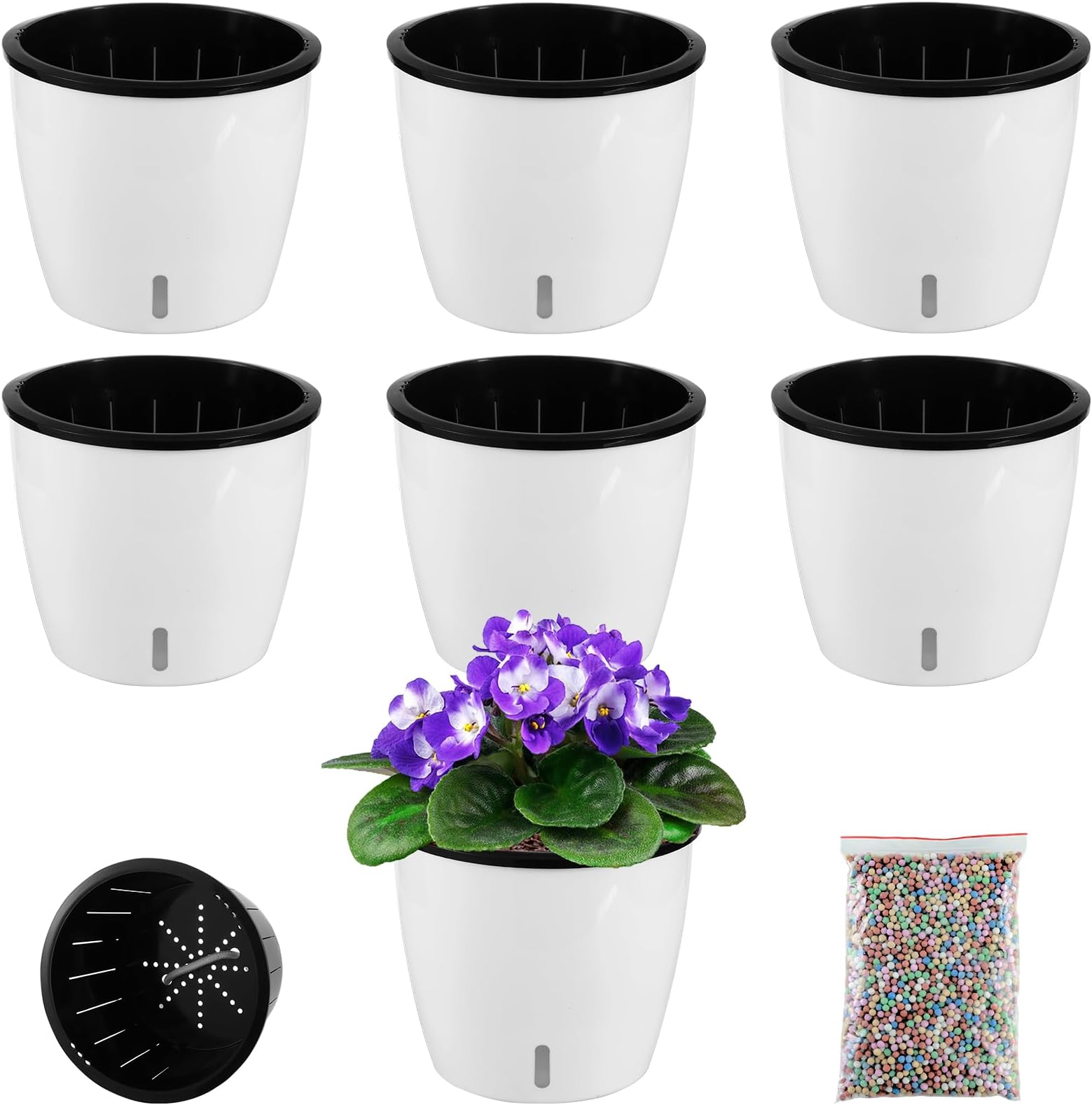 6 Pack-6.7 Inch White Self Watering Plant Pots for Indoor Plants with Water Indicator and Black Wick Pots, Large African Violet Pots, Self-Watering Planters for Devil's Ivy, Orchid Pots for Home