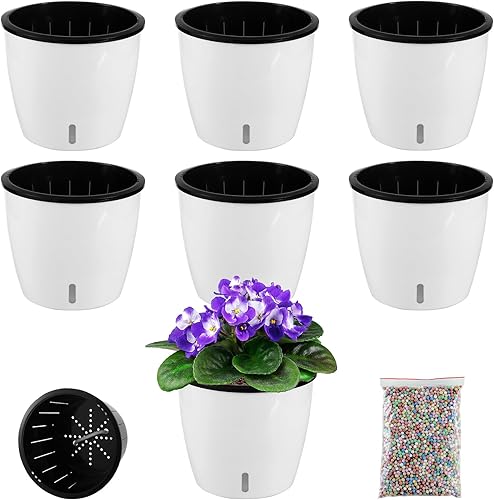 Planterhoma Macetas de riego automático de 6.7 pulgadas para plantas de interior, 6 paquetes de macetas de violeta africana con indicador, maceta de
