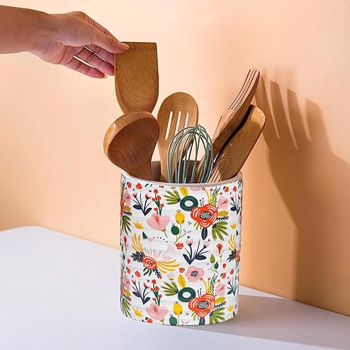 Miniatura 4 de Soporte para utensilios de cocina, 7.2 pulgadas, extra grande, estable, con patrón floral de jardín, organizador de utensilios de flores para