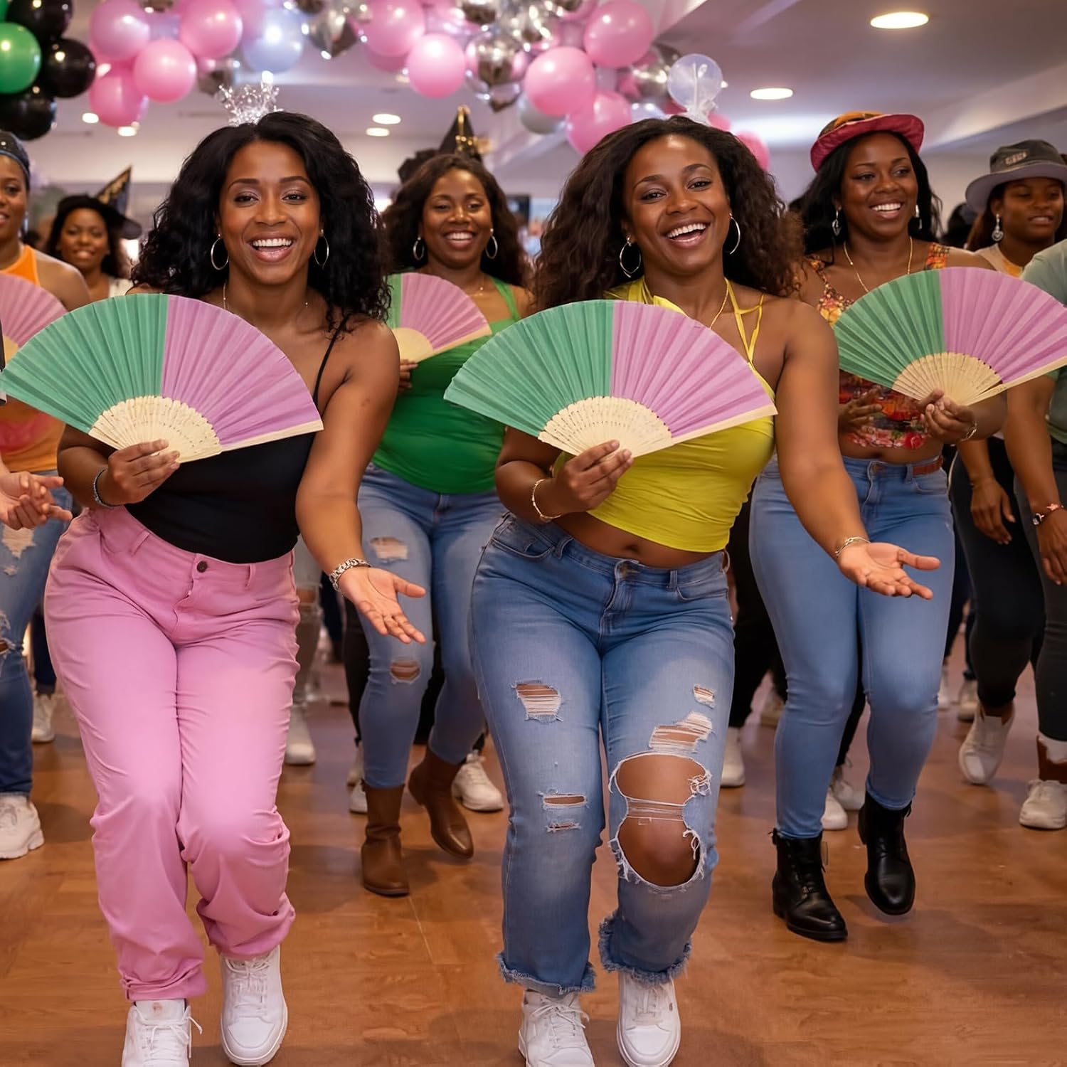 Eaasty 6 Pcs Pink and Green Sorority Folding Fans African American Gift image 5