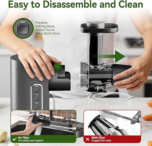 Miniatura 7 de Exprimidor, exprimidor de masticación lenta con 2 modos de velocidad y motor silencioso, máquina exprimidora de prensa en frío para verduras y